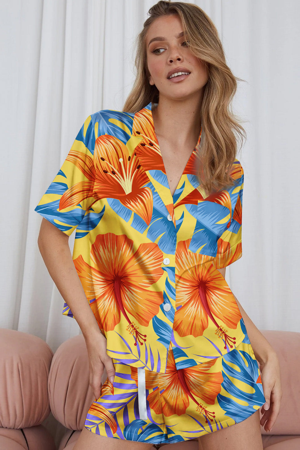 Sunset Tropic – Golden Bloom Satin Pajama Set