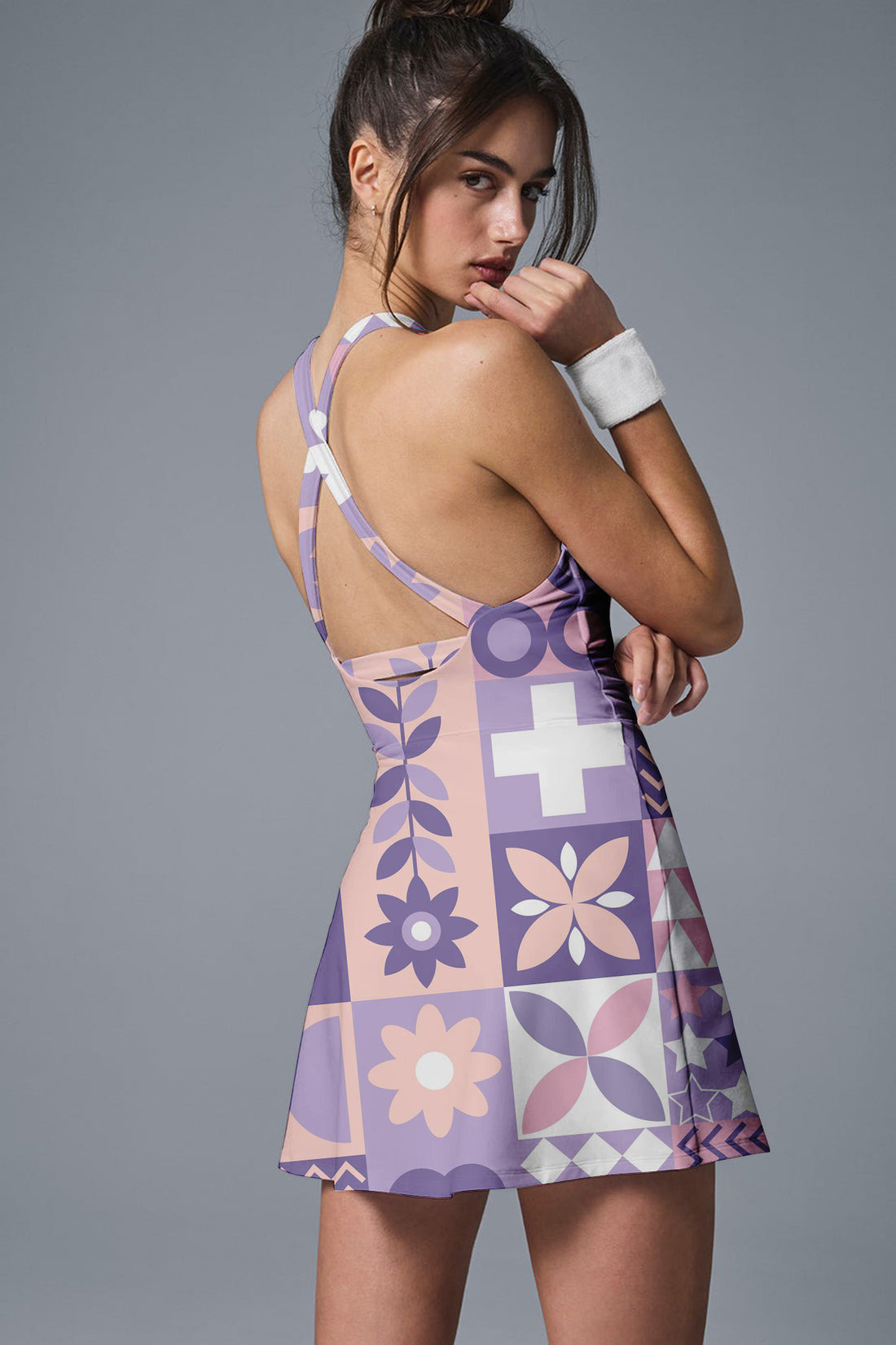 Geometric Pastel Pickleball Dress – Pink Floral Elegance