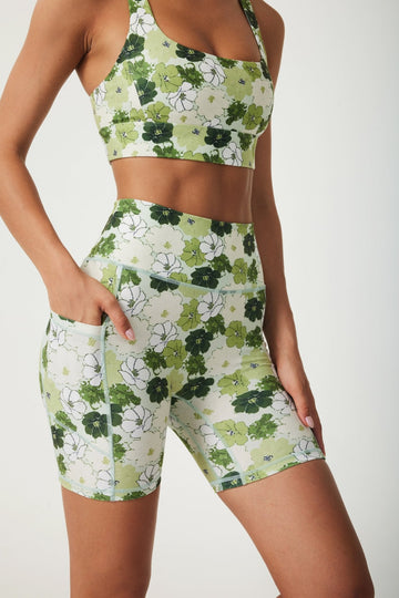 Blossom Flow High-Waist Biker Shorts – Women's Floral Workout Shorts with Side Pockets