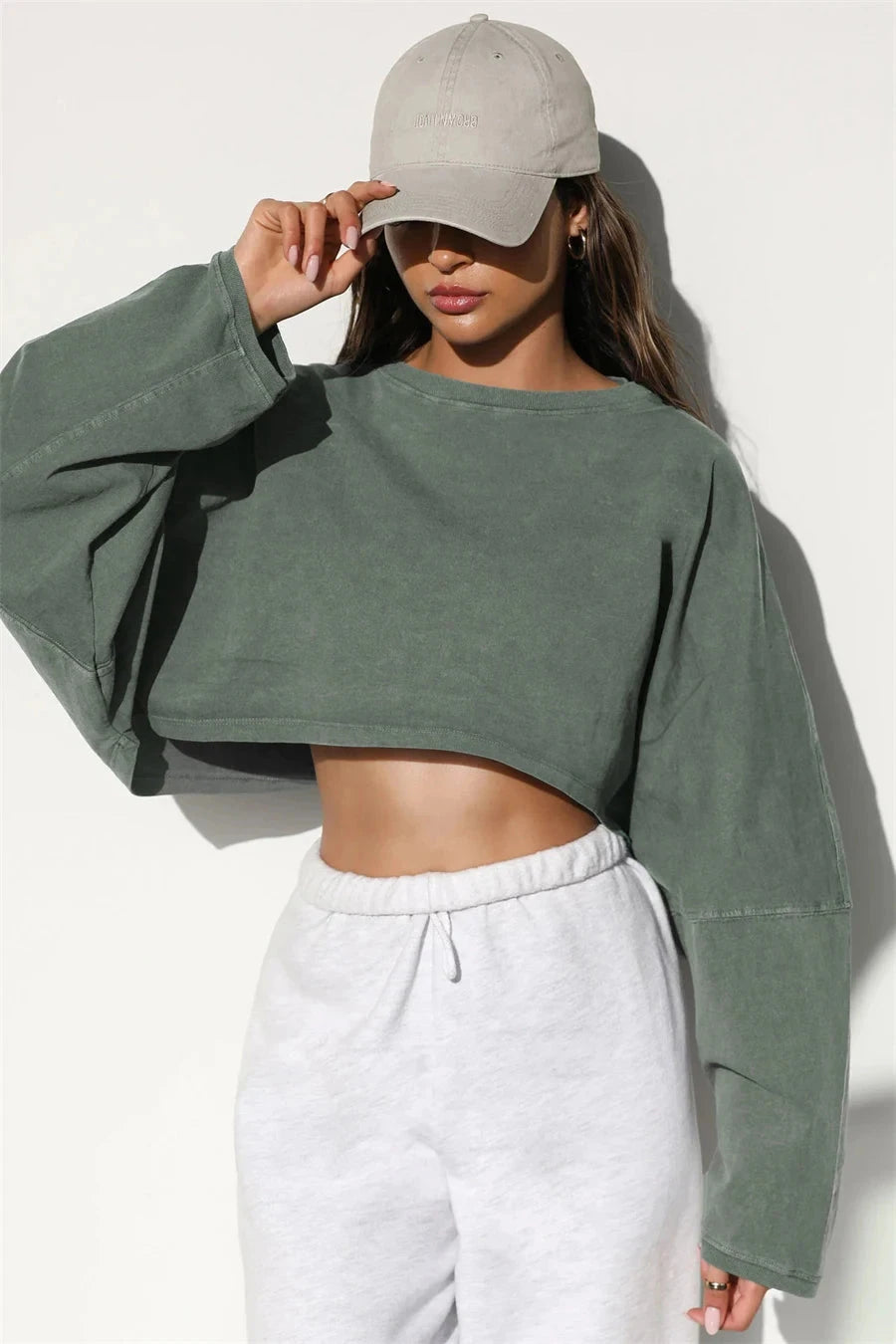 Light Gray Emblem Crop Top Long Sleeve Active Shirt