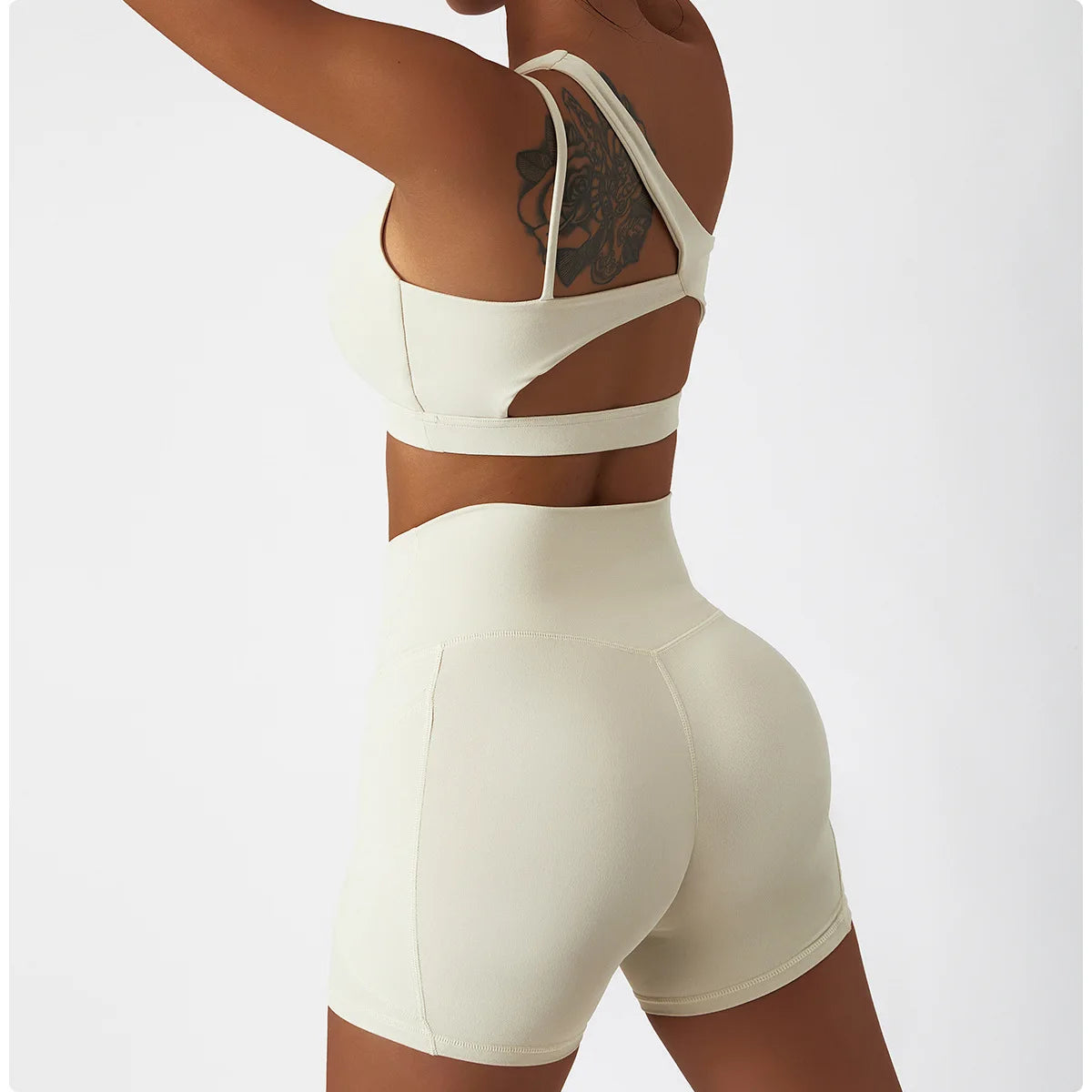 Seamless One-Shoulder Yoga Set - Comfortable Athletic Shorts + Top