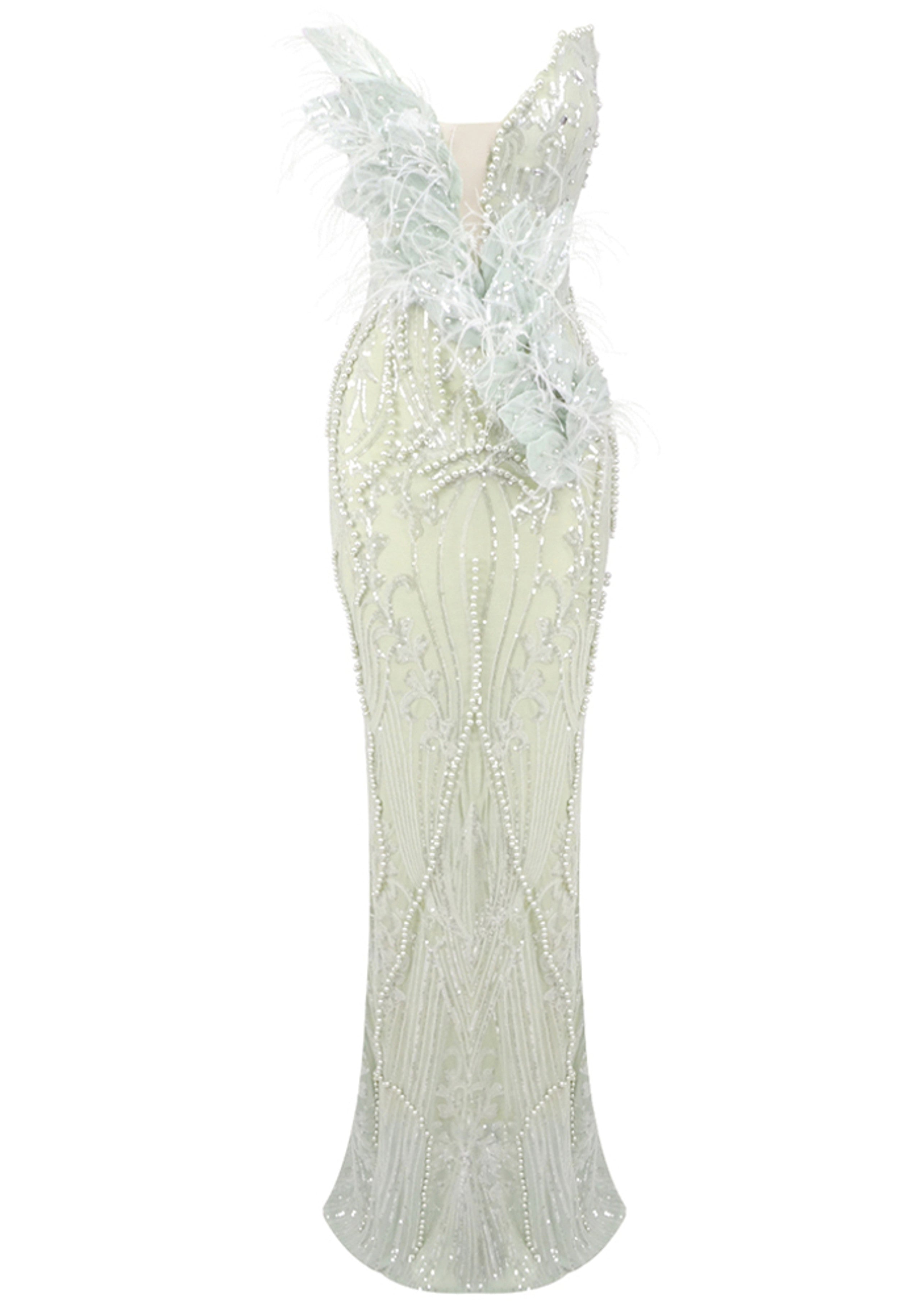 Green Strapless Feather Sequin Maxi Dress