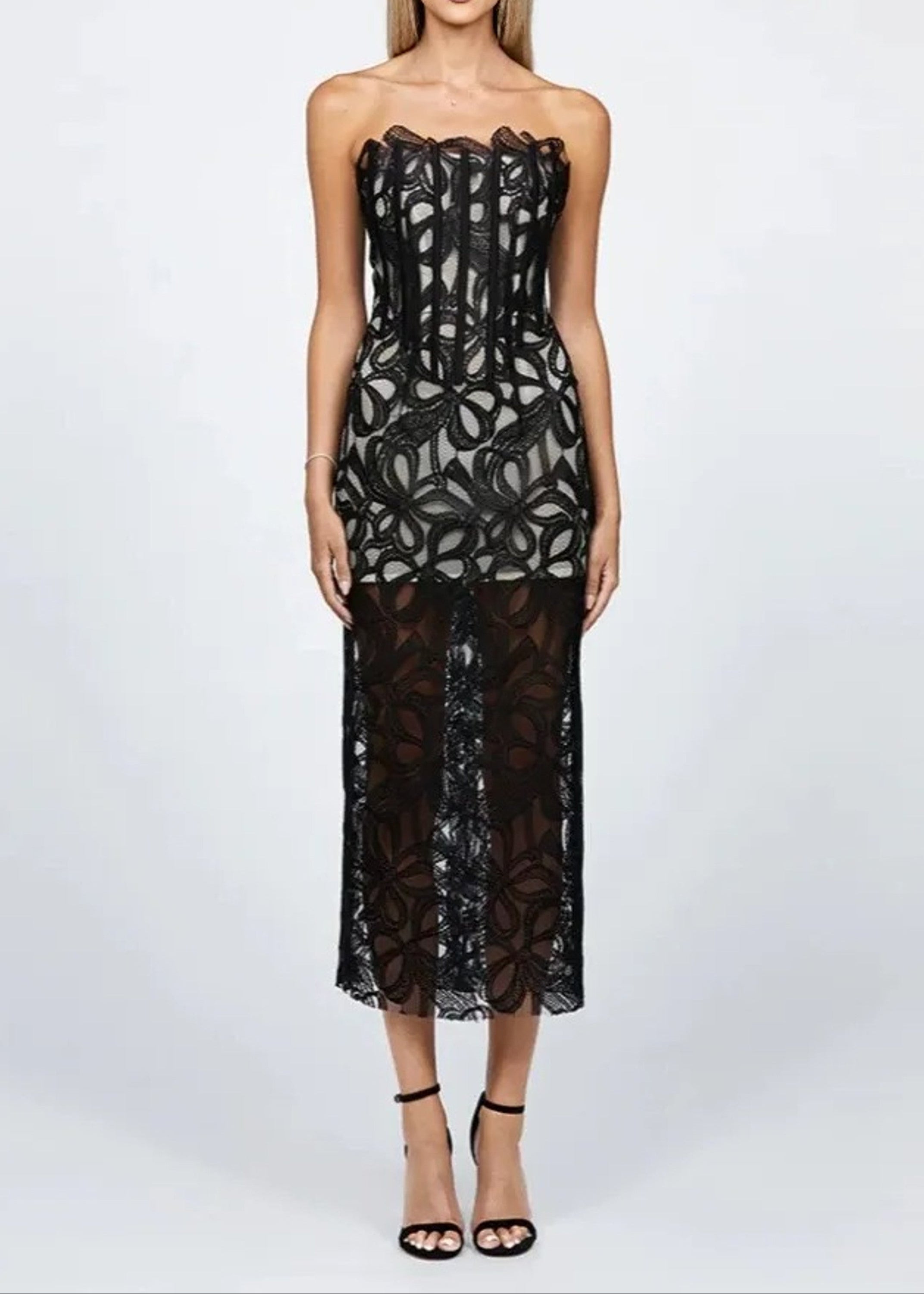 Black Floral Corset Midi Dress - Strapless Design