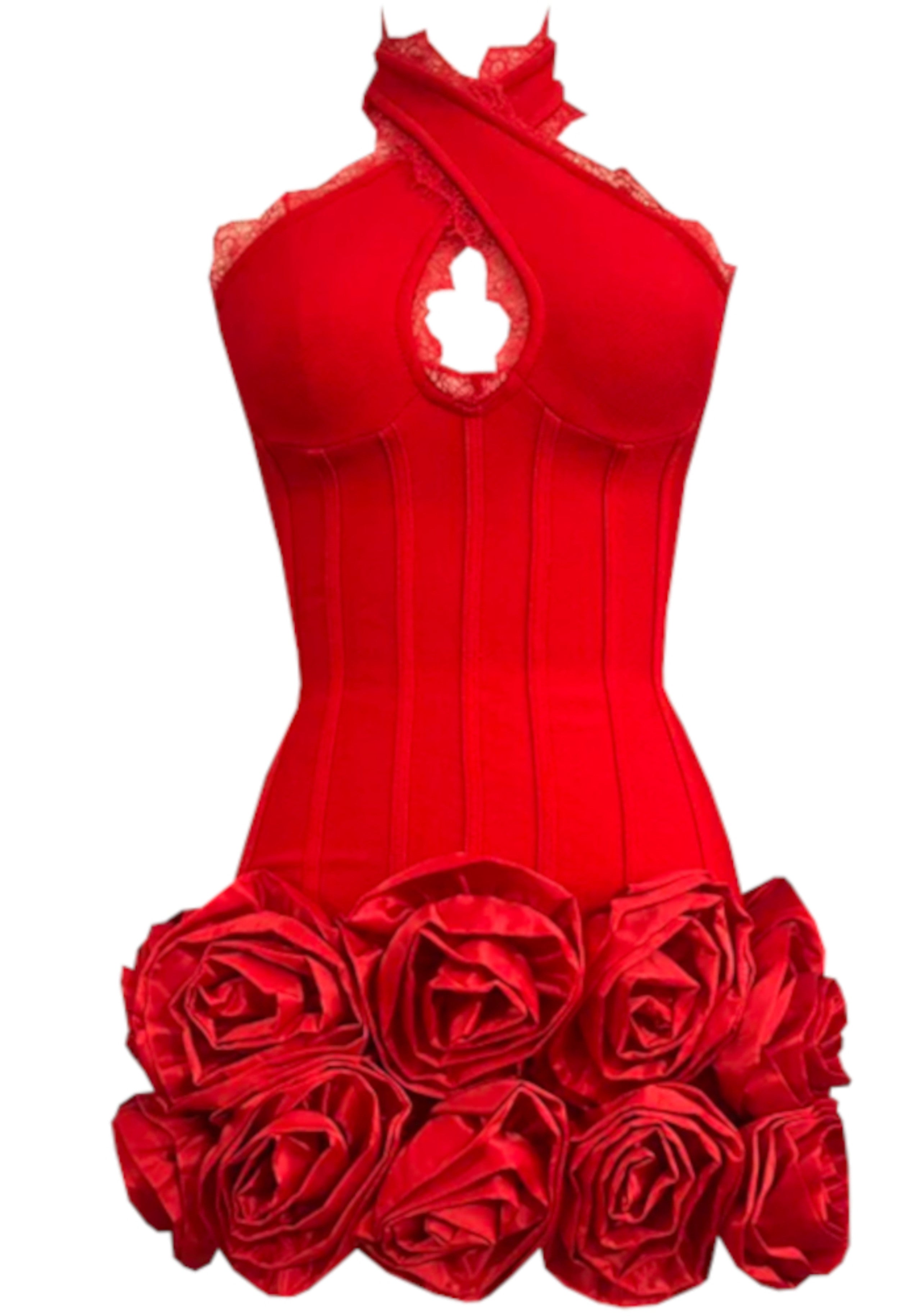 Red Floral Halter Lace Insert Mini Dress