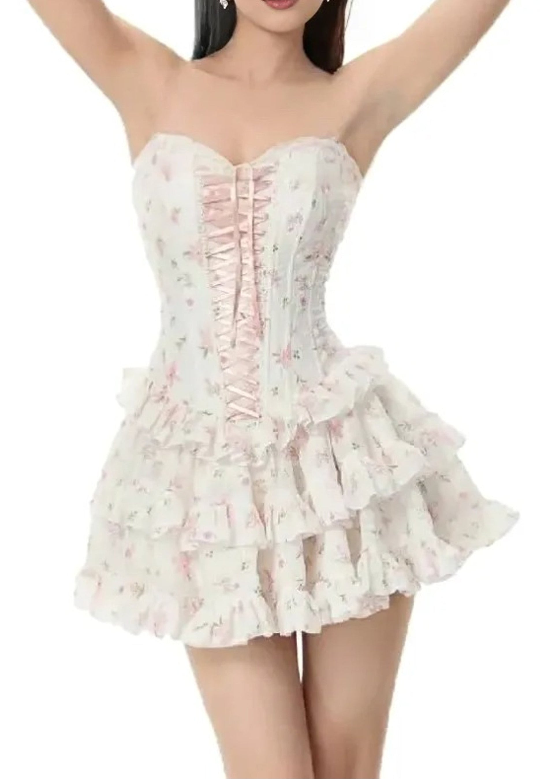 White Pink Floral Ruffle Mini Dress Strapless Design