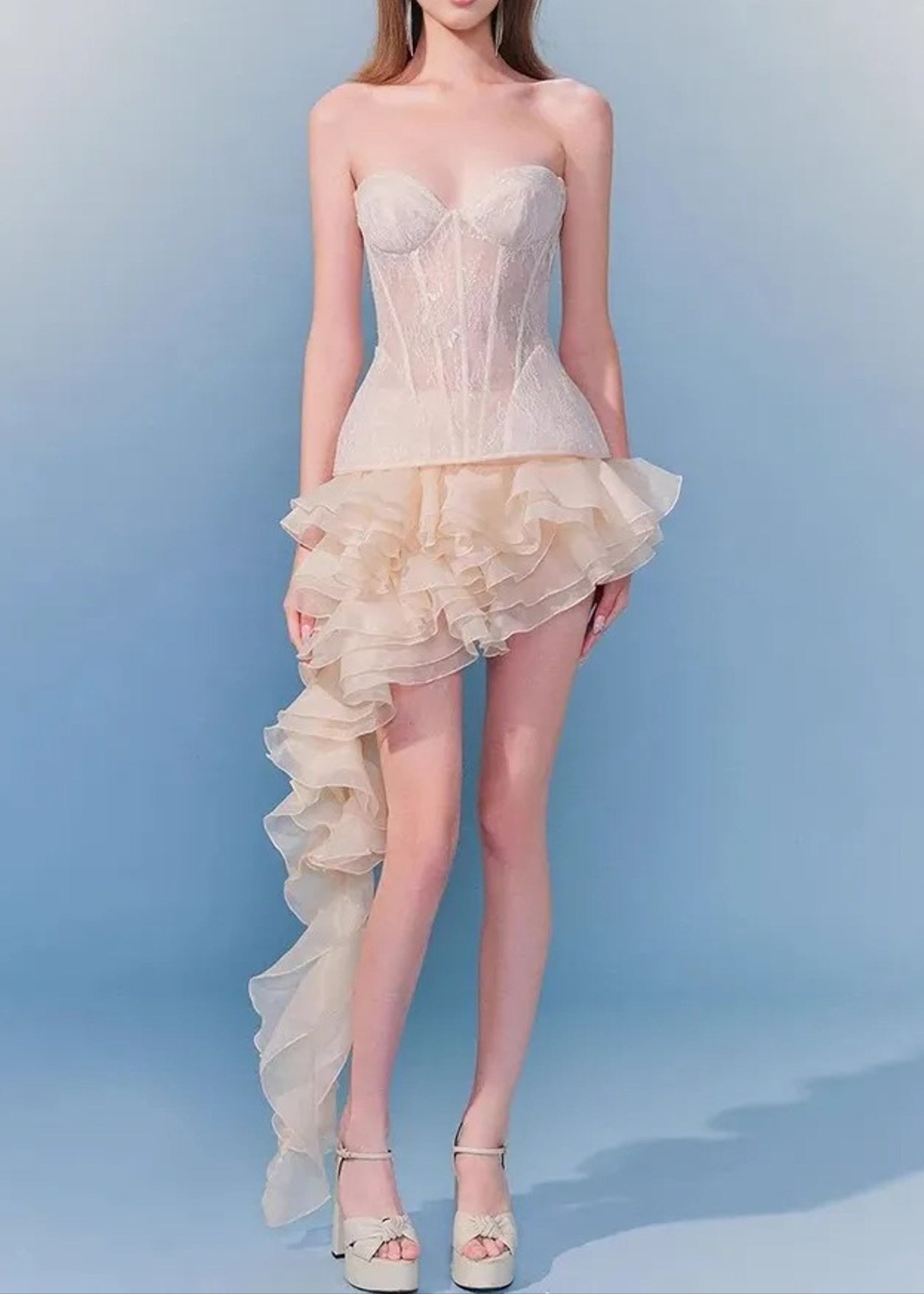 Ivory Strapless Lace Corset Ruffle Dress - Elegant Mini Design