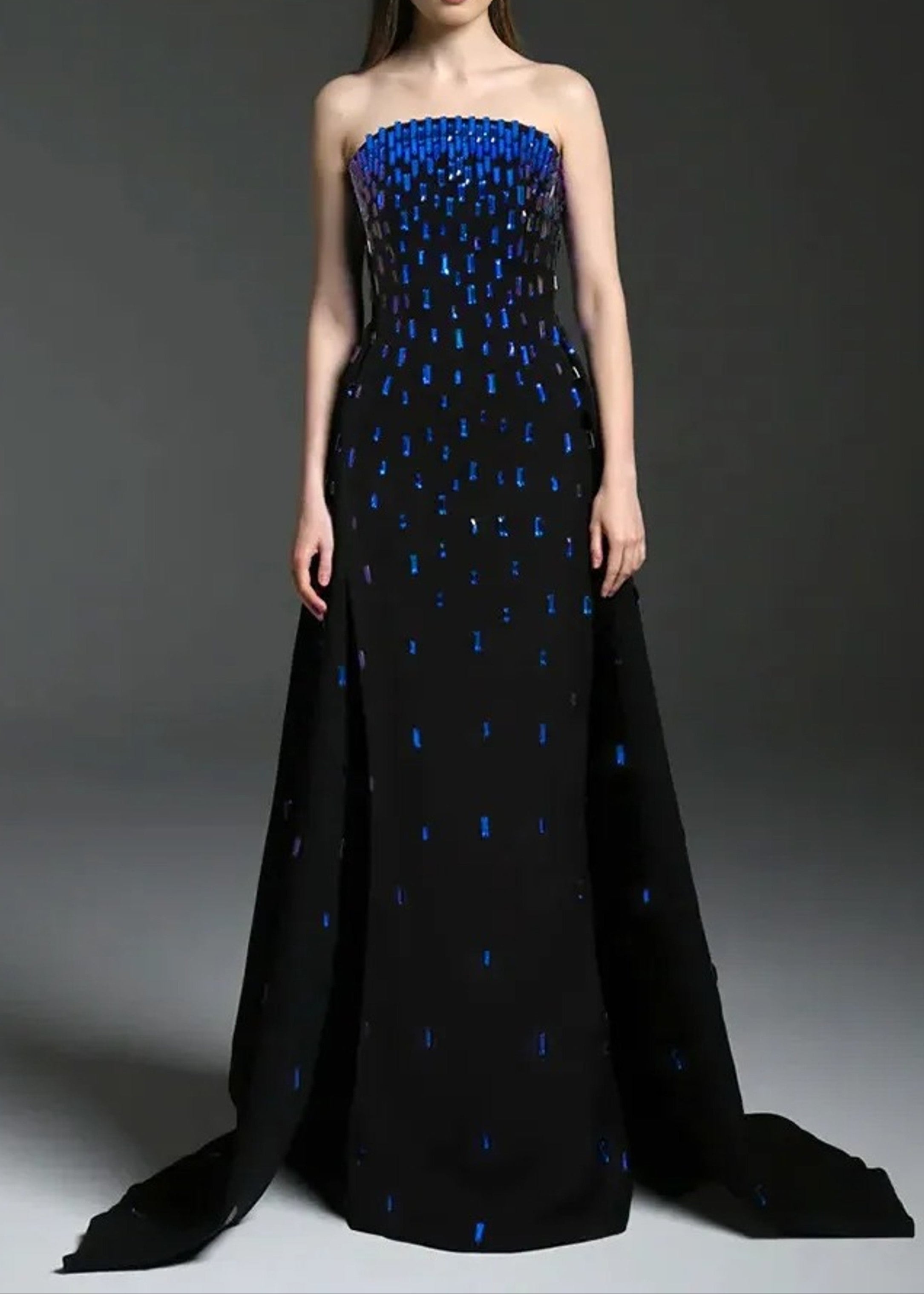 Black Blue Strapless A-Line Maxi Dress Embellished Elegant Style