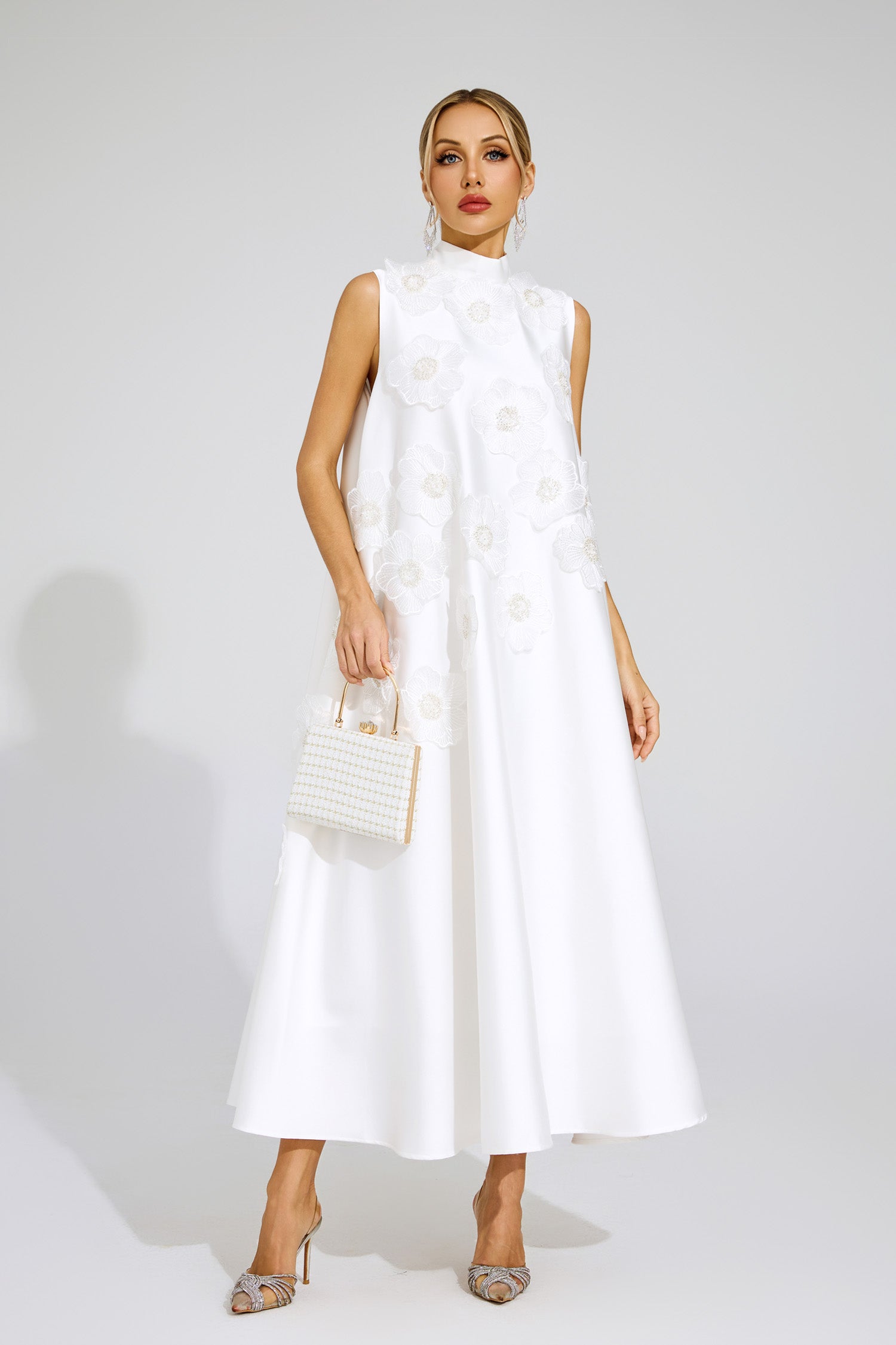 White Floral Sleeveless Dress With Asymmetrical Design