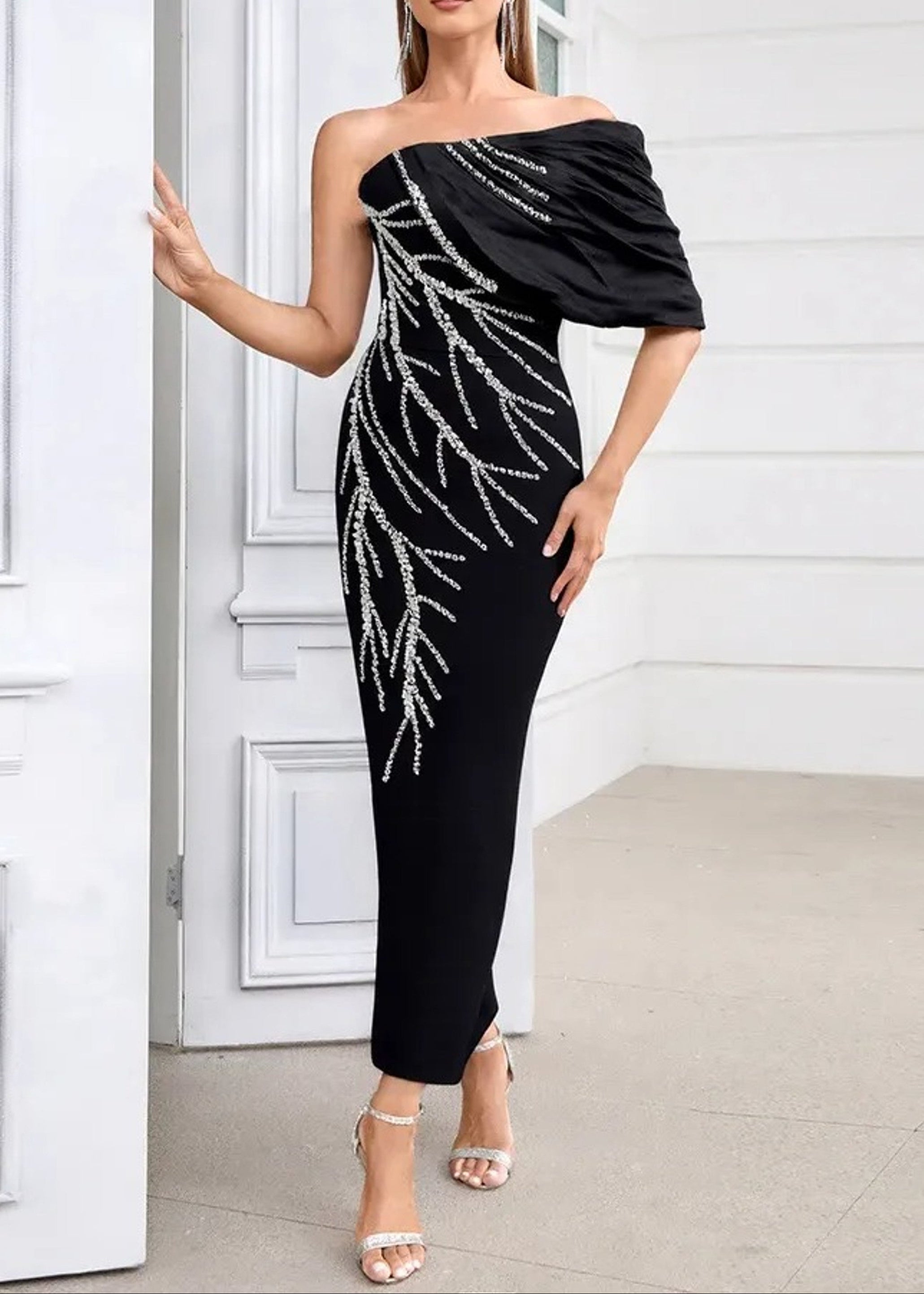 Black Crystal Pearl Asymmetric Maxi Dress