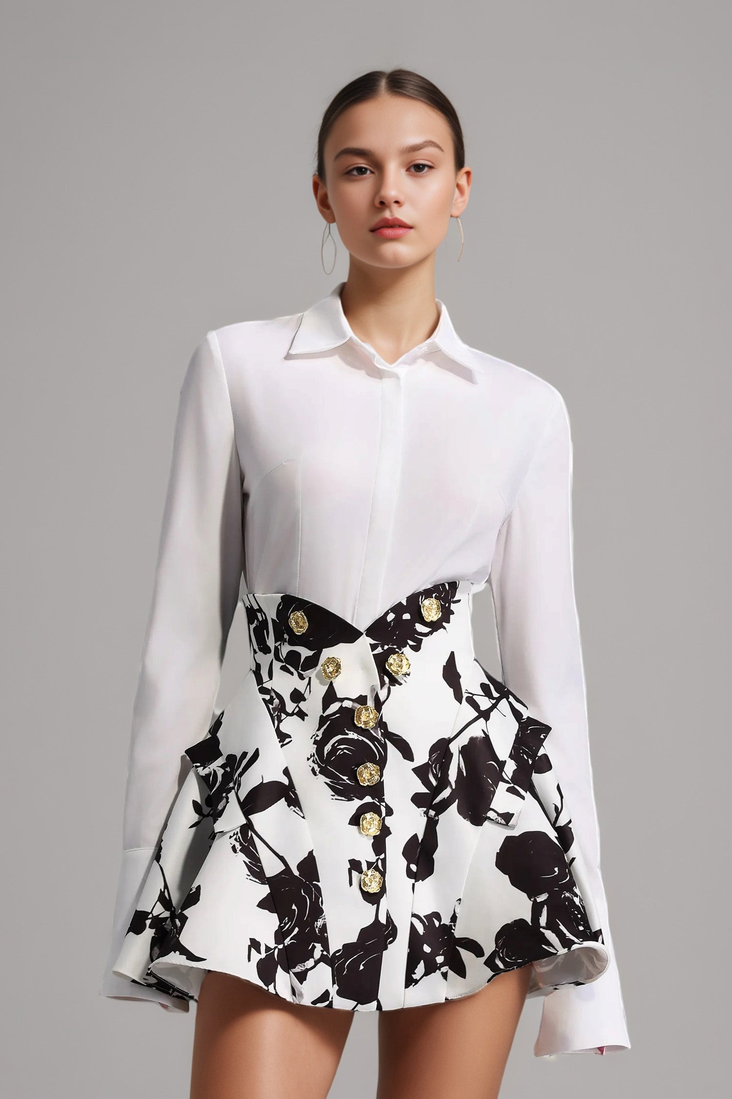 Floral Print Waistline Skirt Set in Black