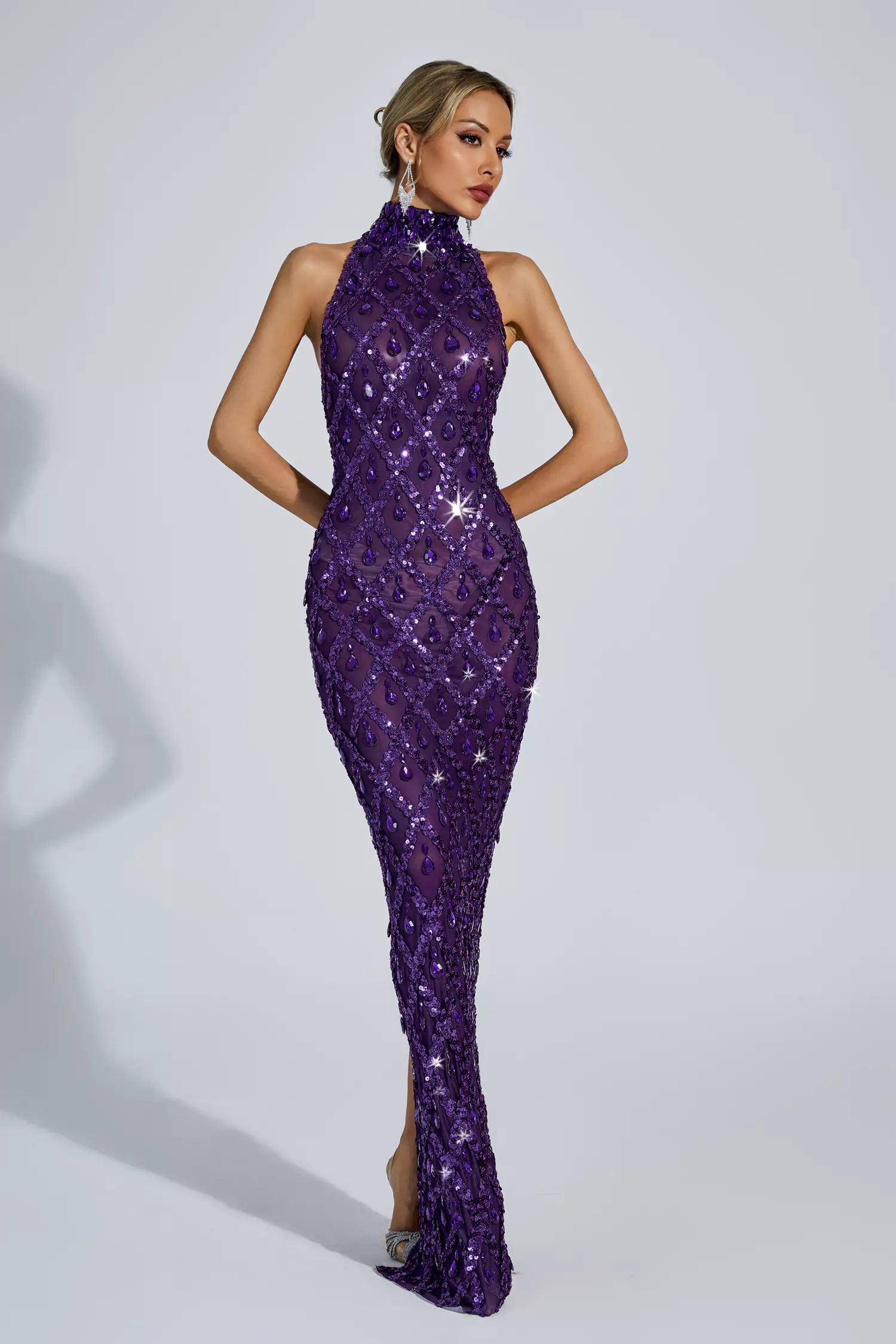 Purple Diamond Sleeveless Maxi Dress - Elegant Statement Gown