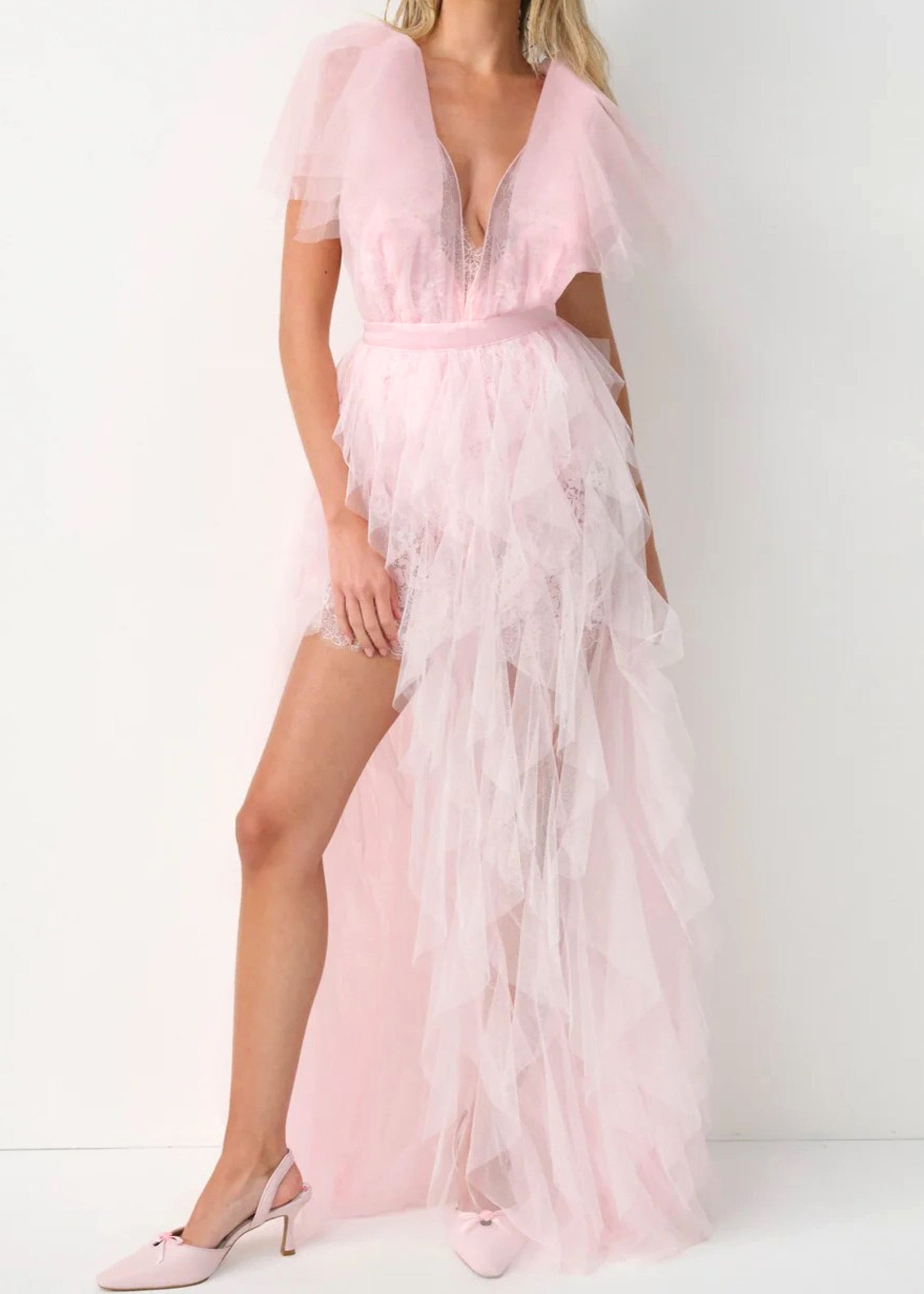 Pink Ruffle Mesh Maxi Dress with Lace Insert