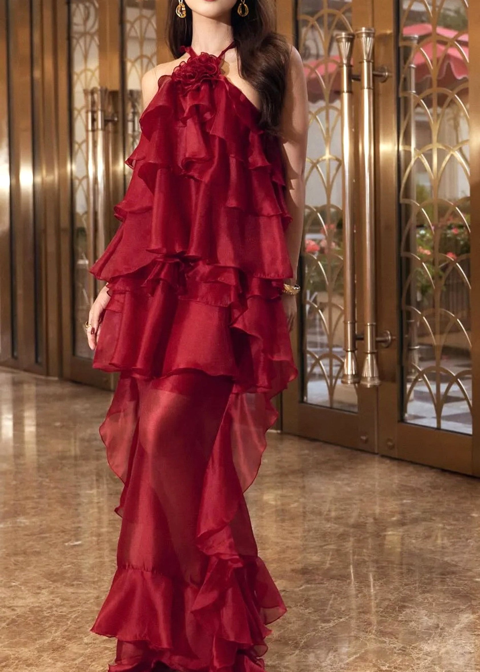 Red Floral Ruffle Maxi Dress - Elegant Halterneck Design
