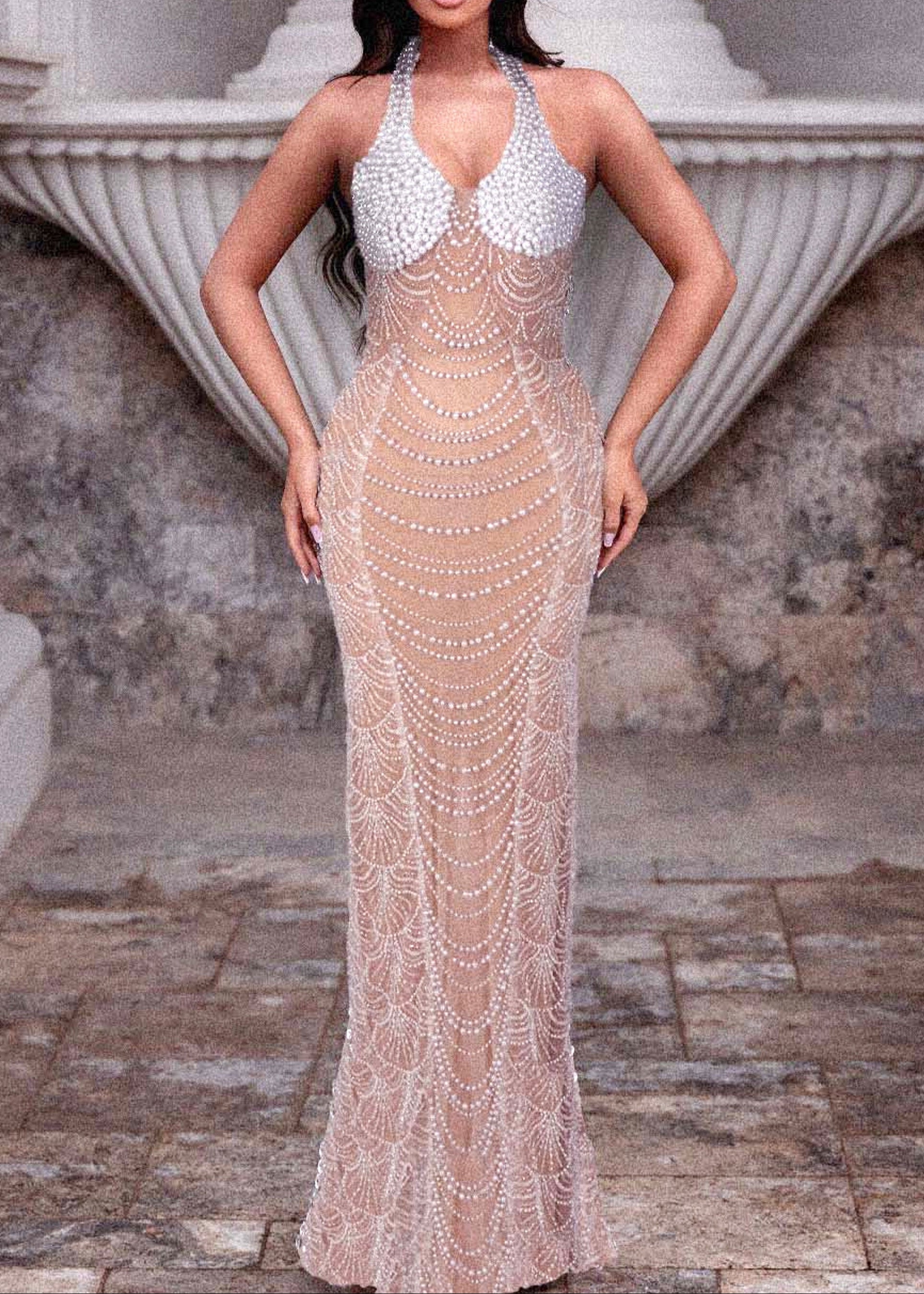 Nude Pearl Embellished Halter Maxi Dress