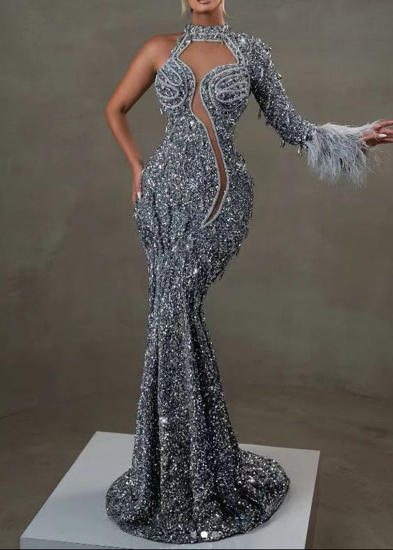 Grey Sequin One Sleeve Maxi Dress