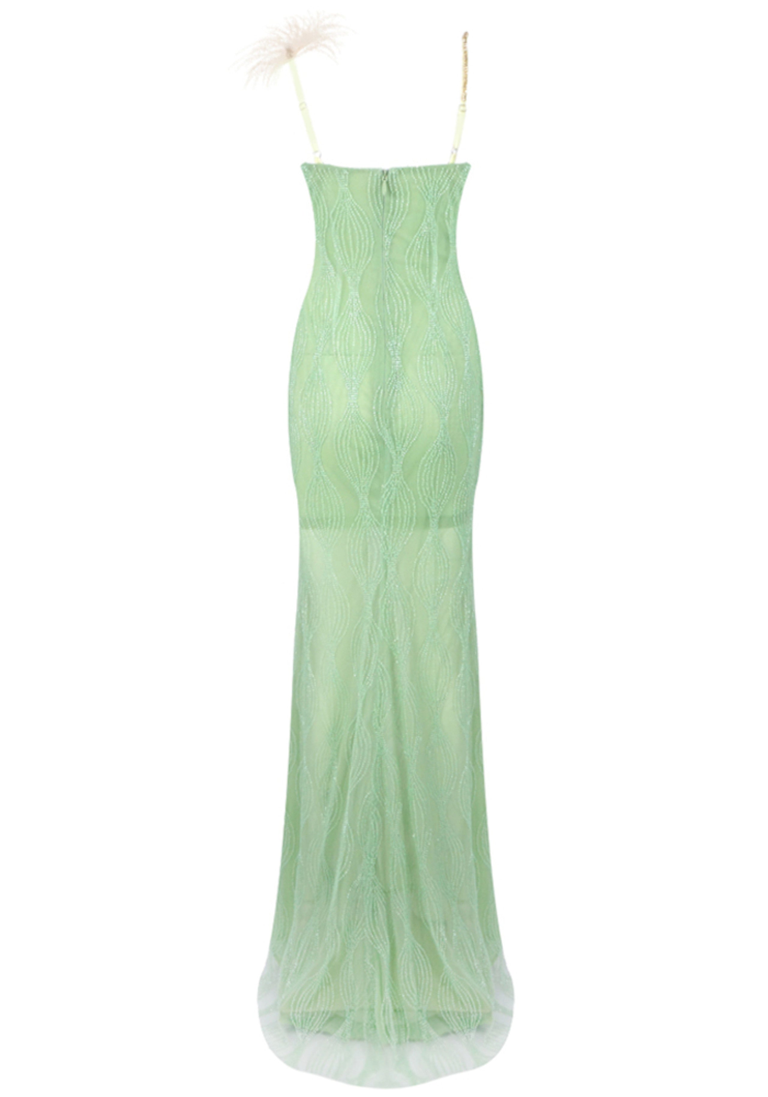 Green Feather Detail Maxi Dress - Elegant Sleeveless V-Neck Design