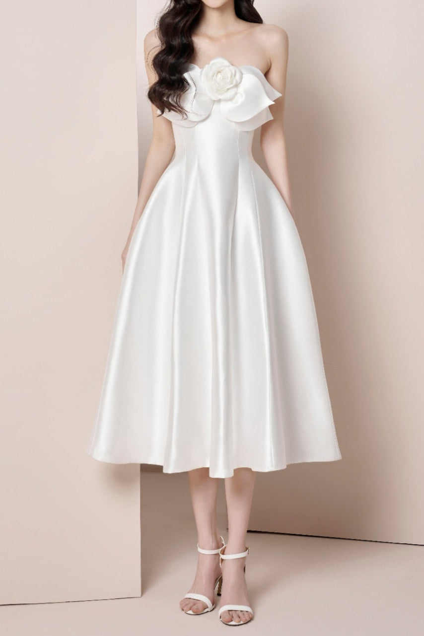 White Satin Strapless Floral Midi Dress - Elegant Style