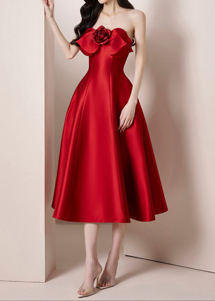 Red Satin Floral Strapless Midi Dress
