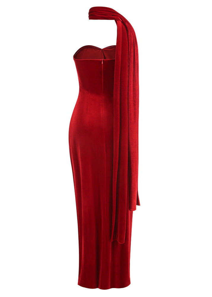 Red Velvet Floral Maxi Dress - Elegant Statement Dress