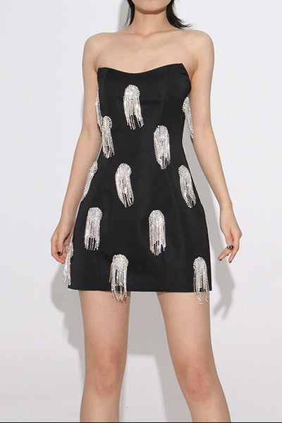 Black Sleeveless Diamond Tassels Mini Dress