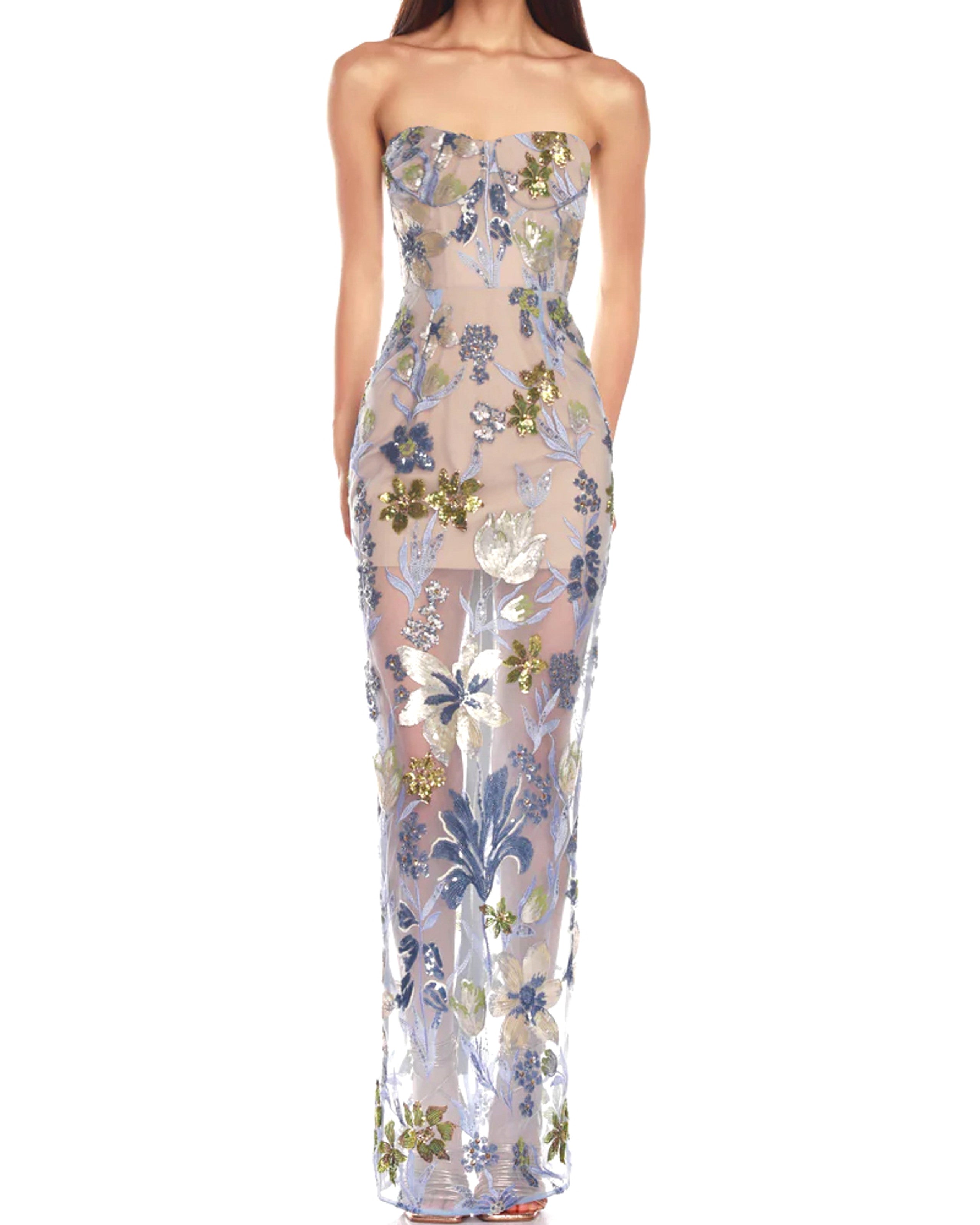 Blue Floral Sequin Strapless Maxi Dress