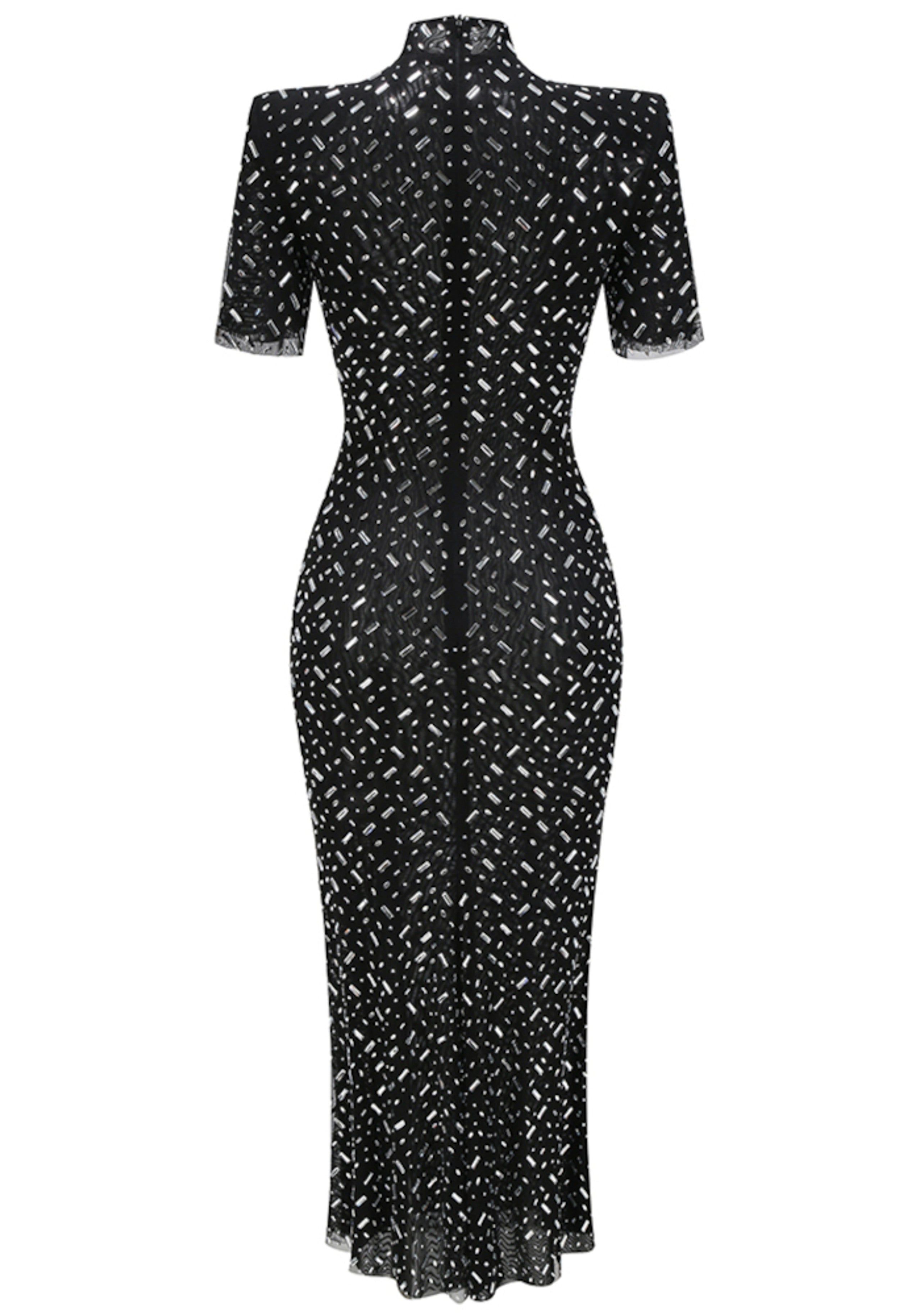 Black Crystal Mesh Maxi Dress with Short Sleeves