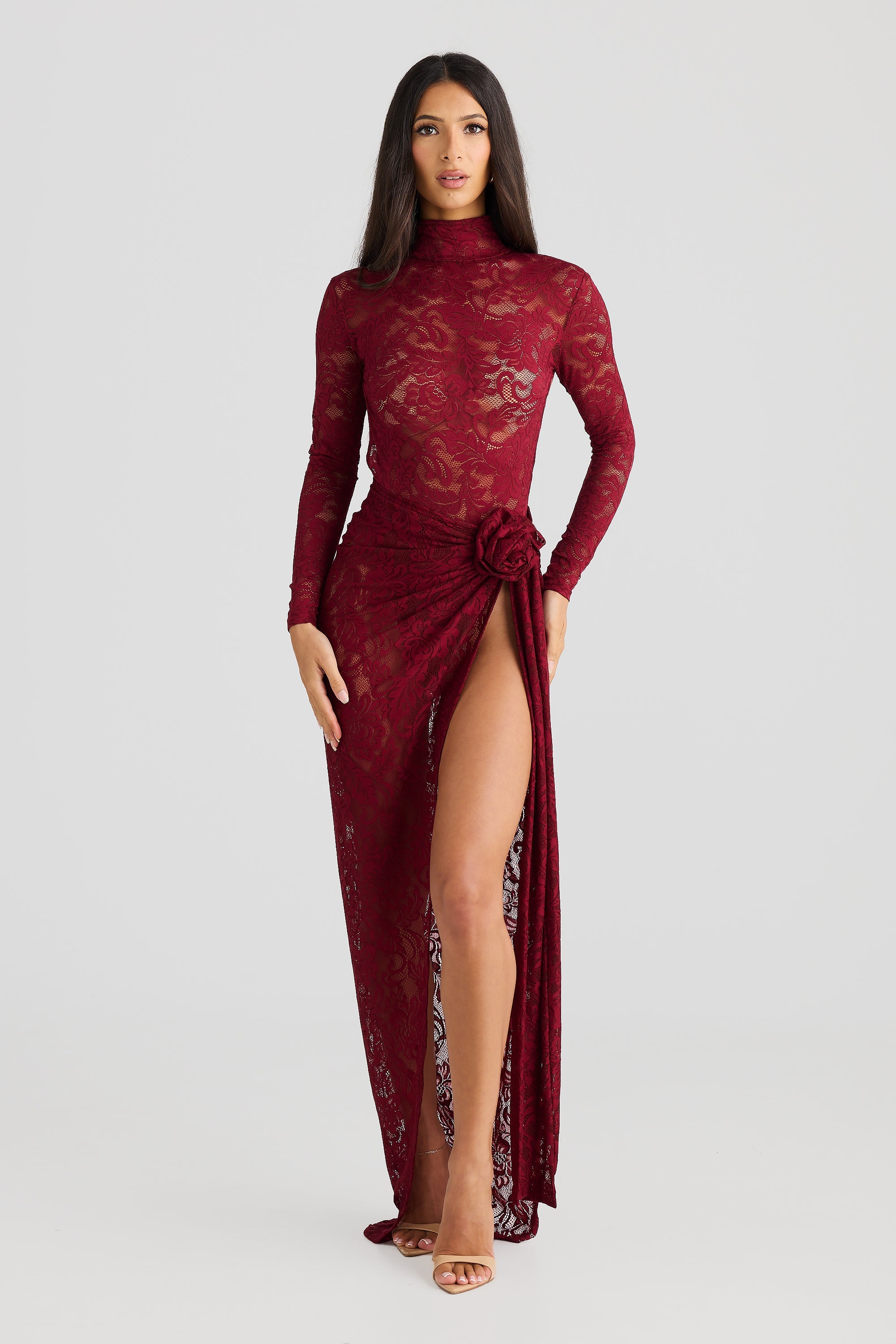 Wine Red Lace Backless Bodysuit Dress Set