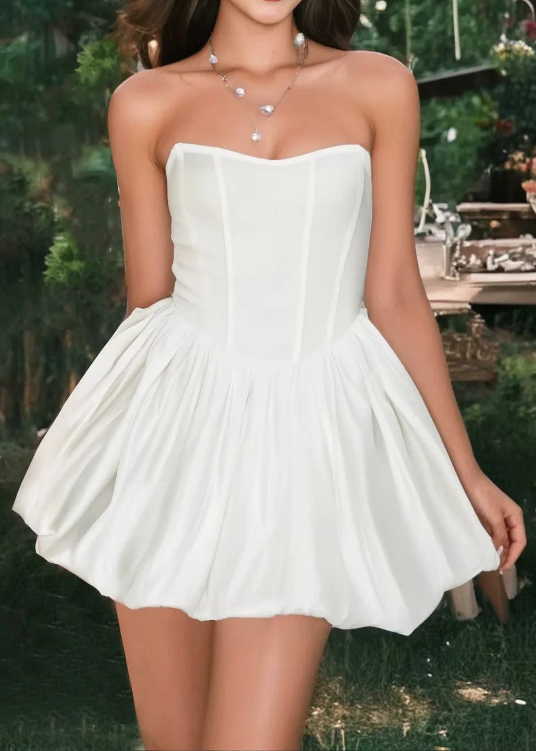 White Strapless Puff Mini Dress - Elegant Structured Design