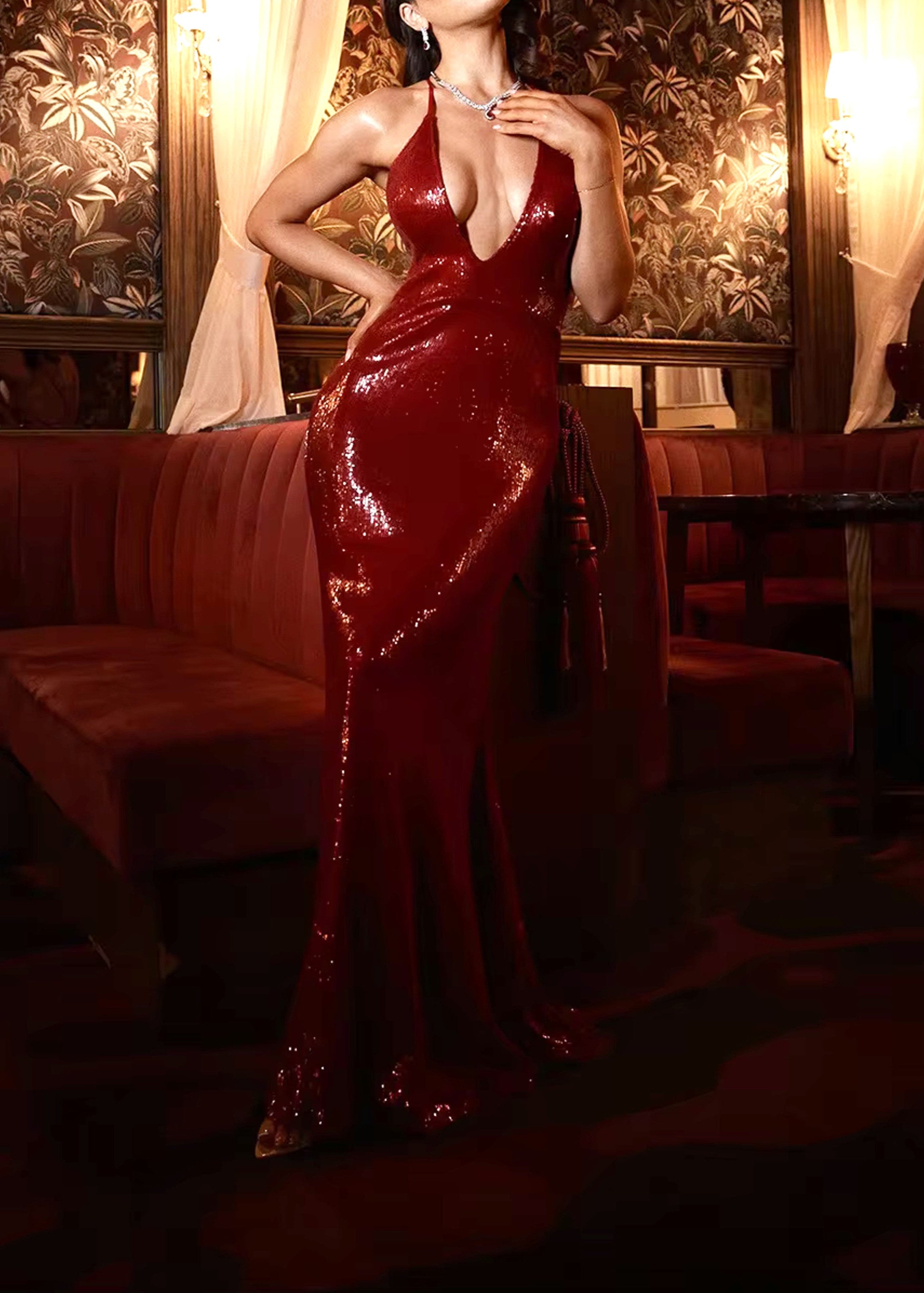 Red Sequin V-Neck Maxi Dress Sleeveless Open Back