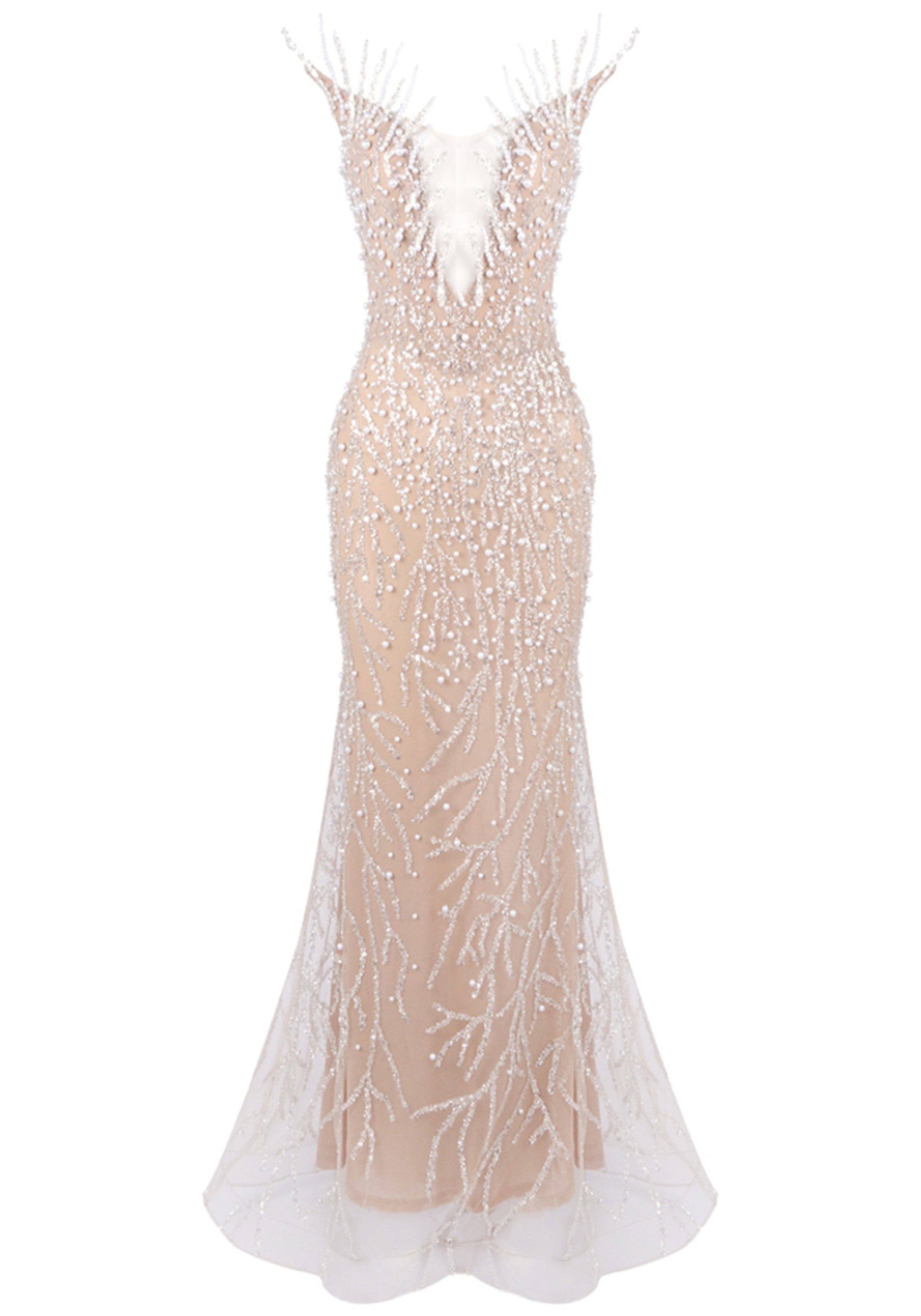 Nude Crystal Pearl Sequin Maxi Dress with Strapless Design