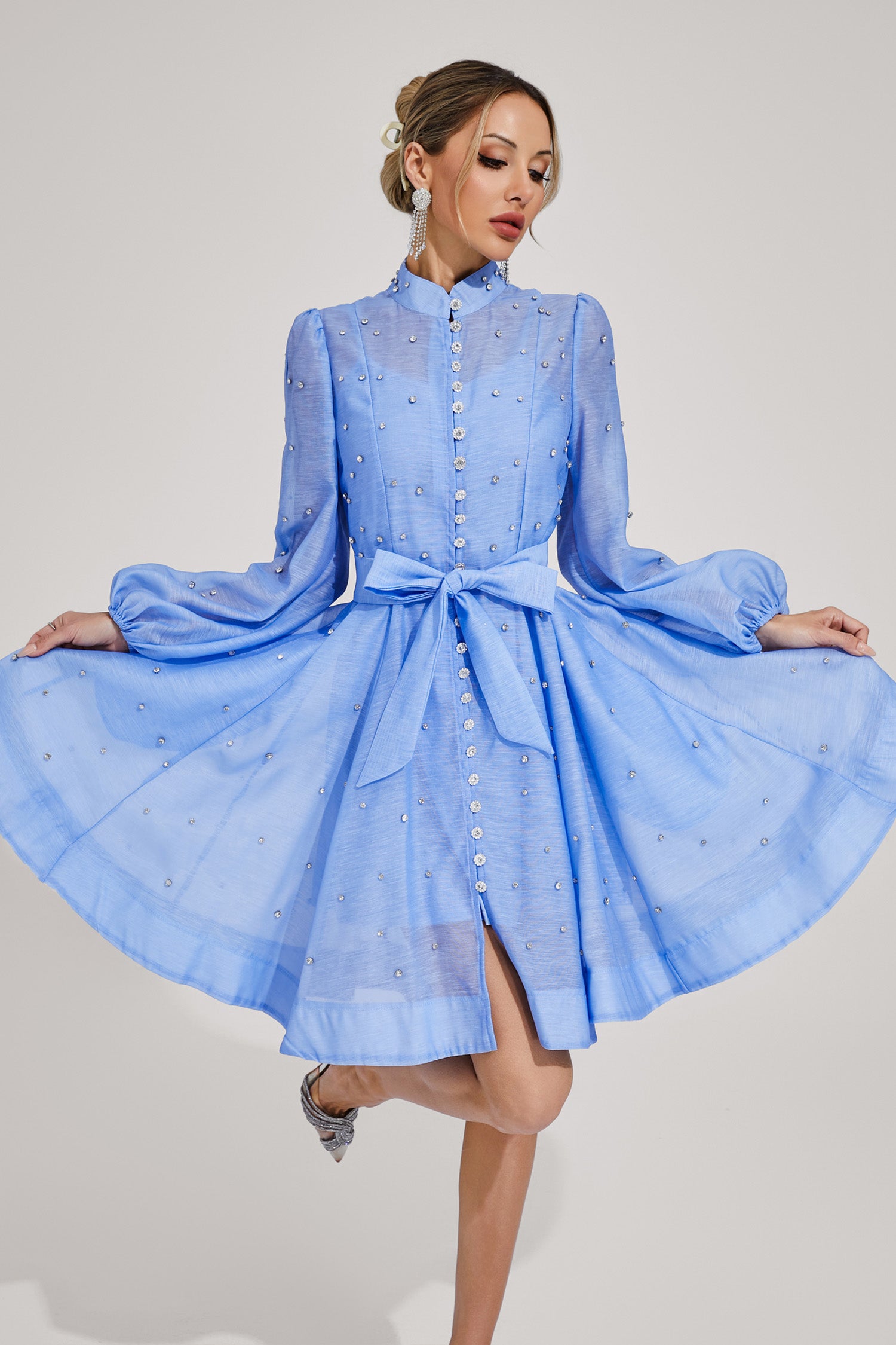 Blue Diamond Embellished Mini Dress with Pearl Detailing