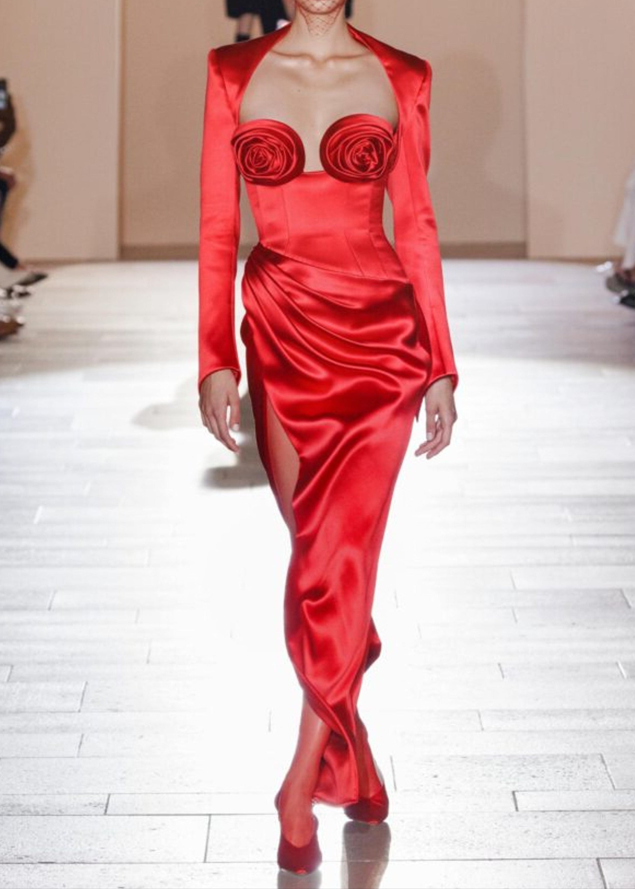 Red Floral Maxi Two-Piece Dress with Long Sleeves