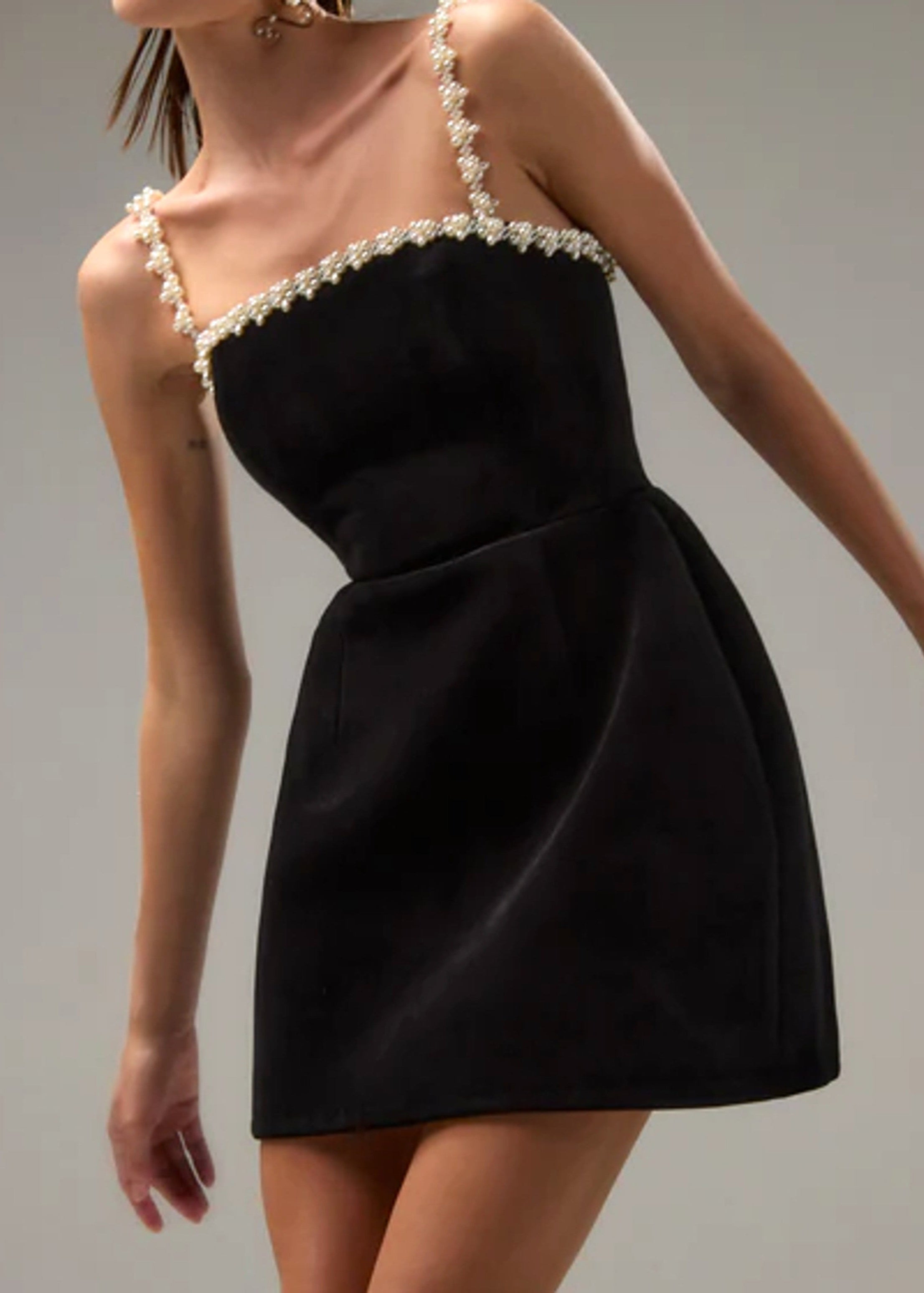 Black A-Line Pearl Detail Mini Dress