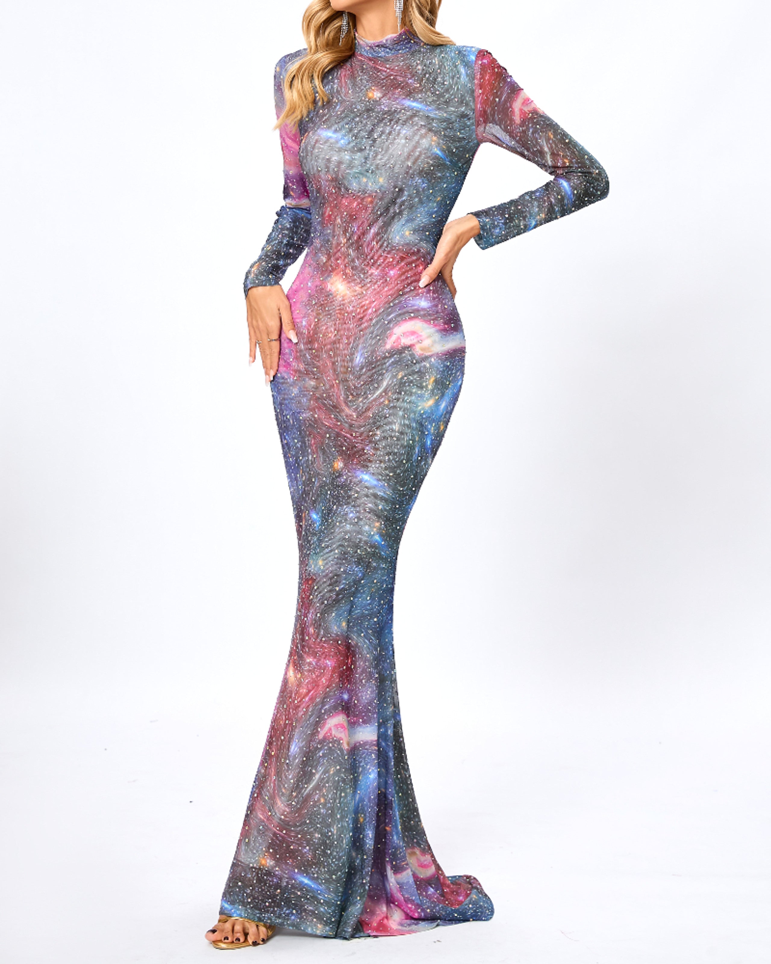 Galaxy Long Sleeve Studded Maxi Dress