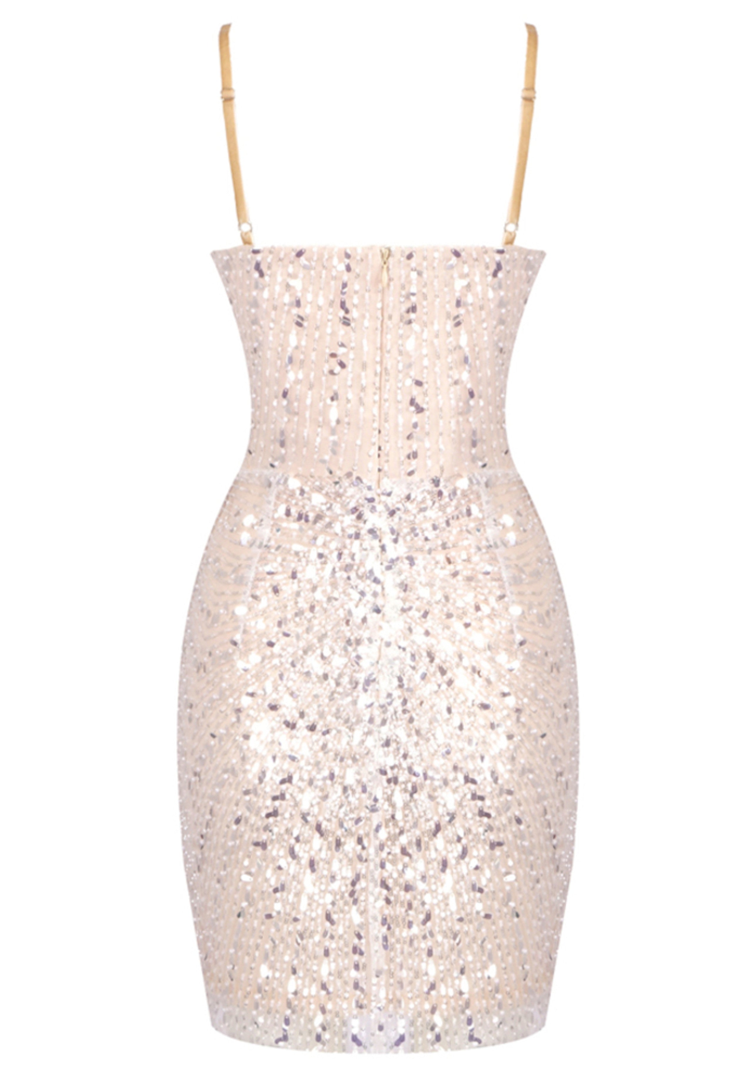 Nude Sequin Crystal V-Neck Mini Dress
