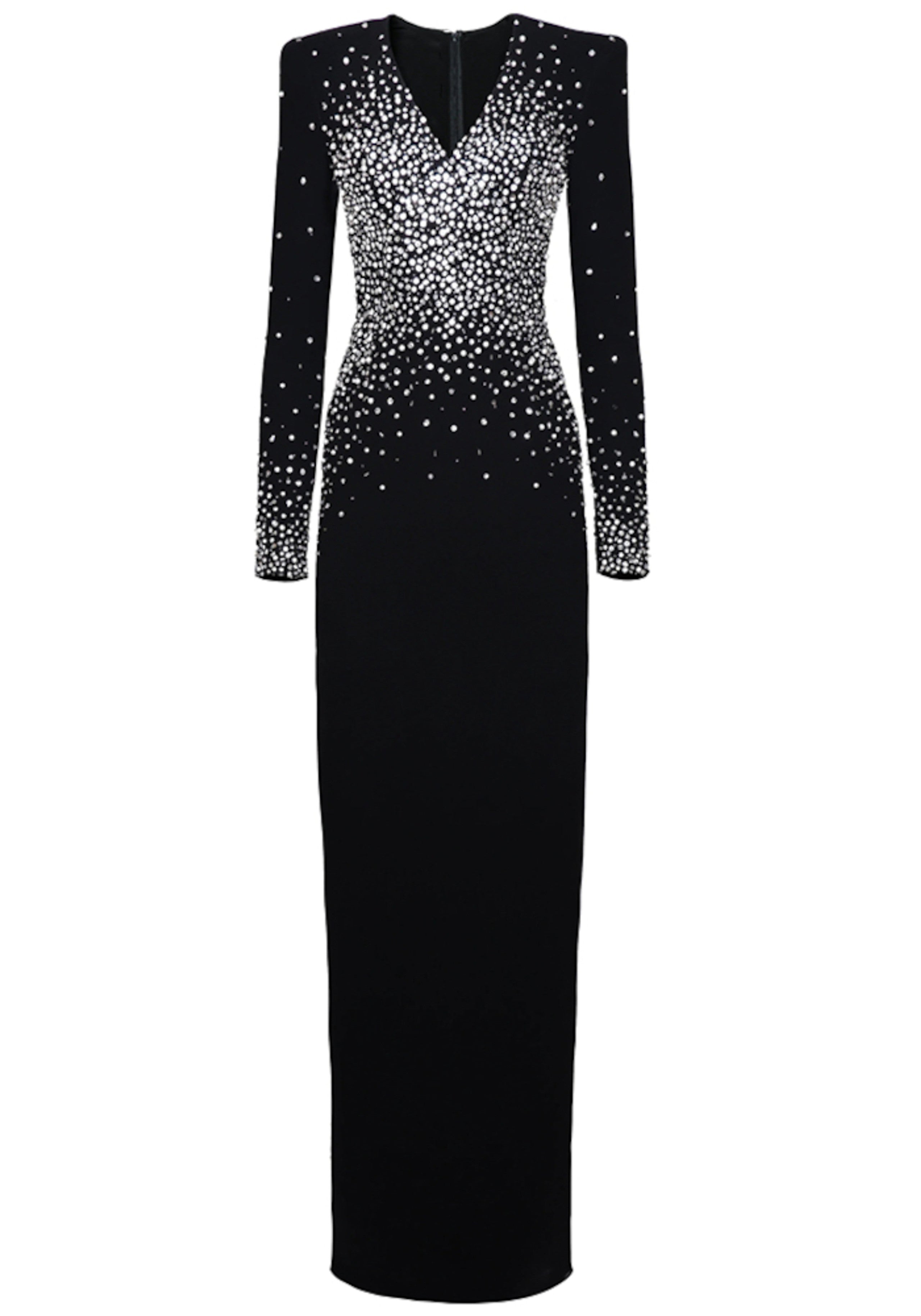 Black Crystal Maxi Dress with Long Sleeves