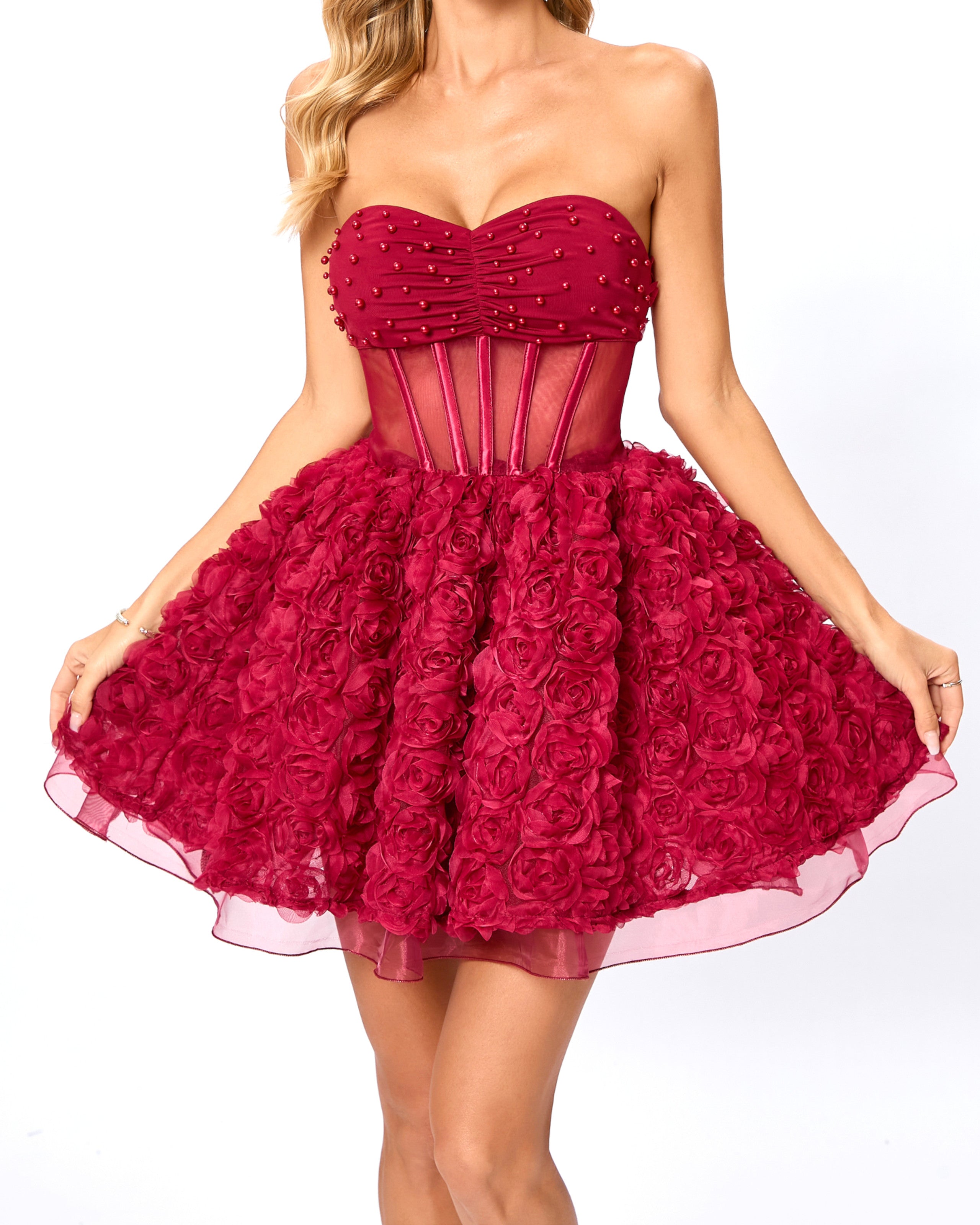Red Strapless Floral Corset A-Line Mini Dress