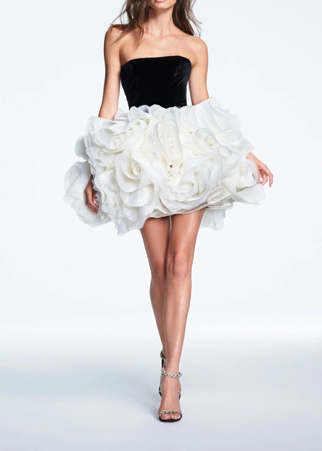Black Strapless Mini Dress with 3D Floral Details