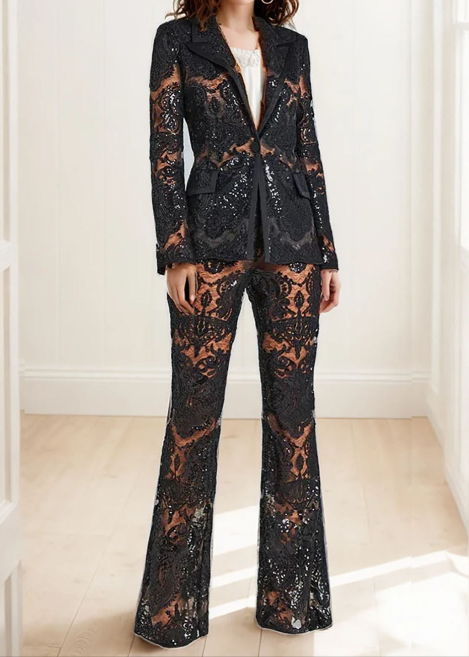 Sequin Embroidered Black & White Blazer Pants Set