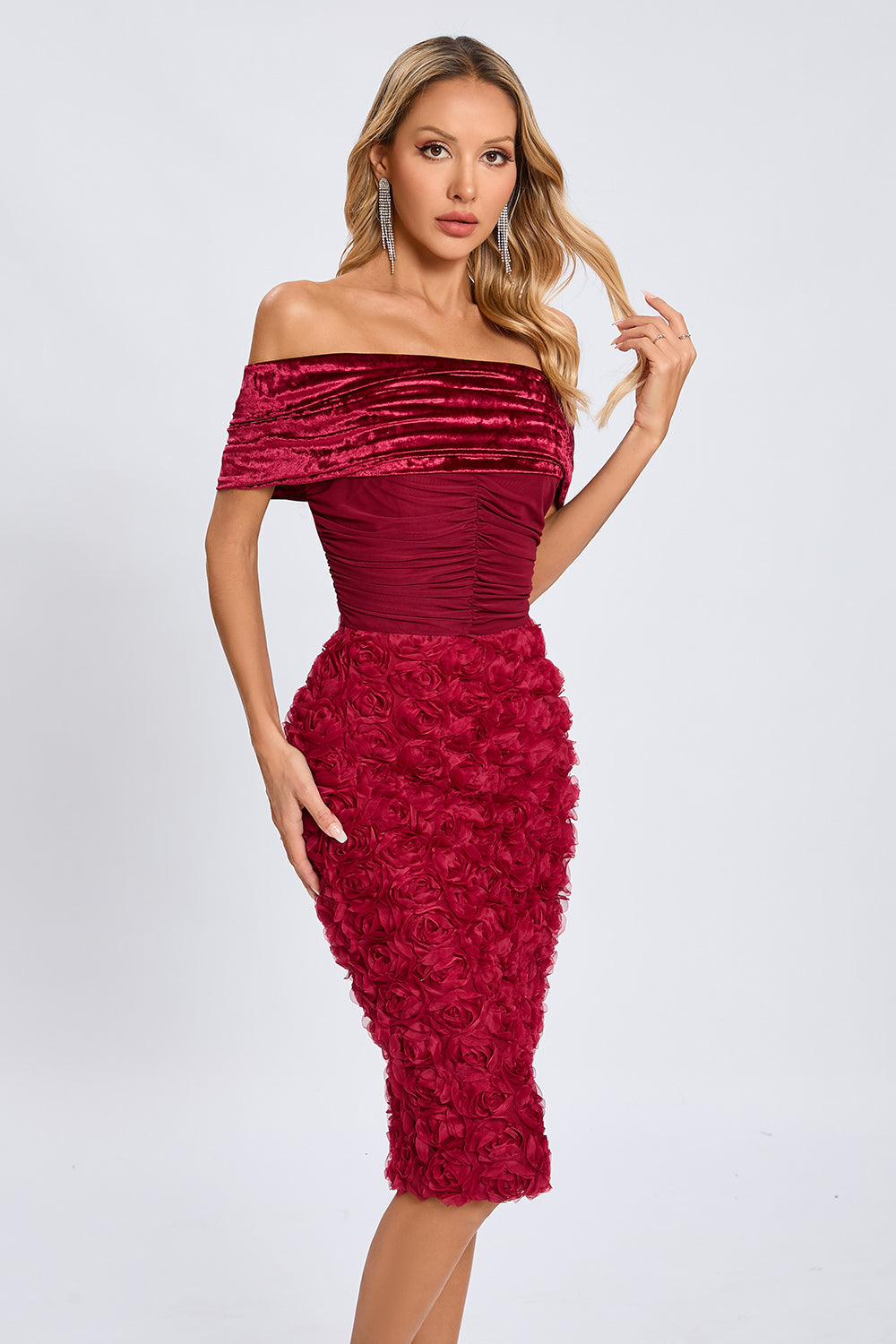 Floral Red Off-shoulder Midi Dress - Elegant Style
