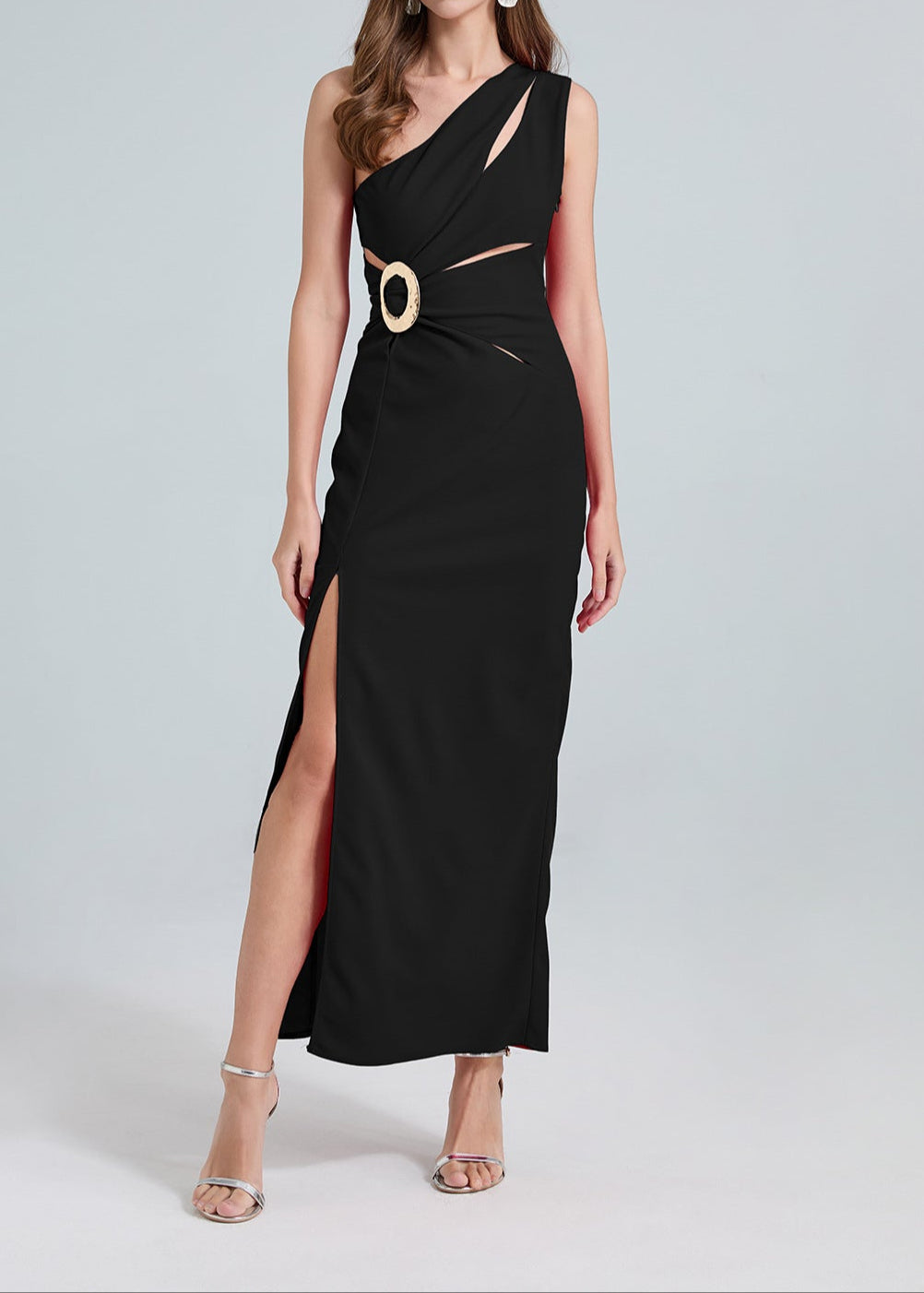 Black One-Shoulder Side Slit Maxi Dress with Cutout Details