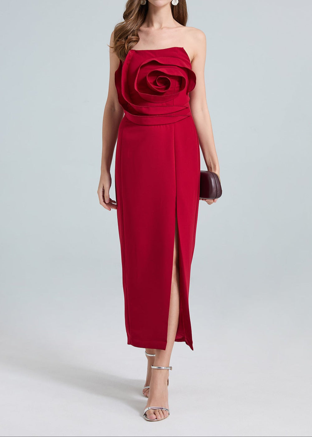 Red Strapless 3D Floral Midi Dress - Elegant & Sophisticated