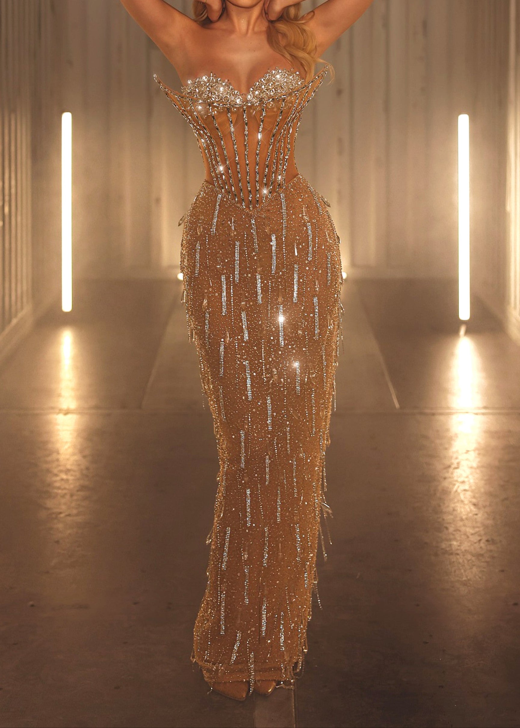 Gold Sequin Strapless Maxi Dress with Crystal Details