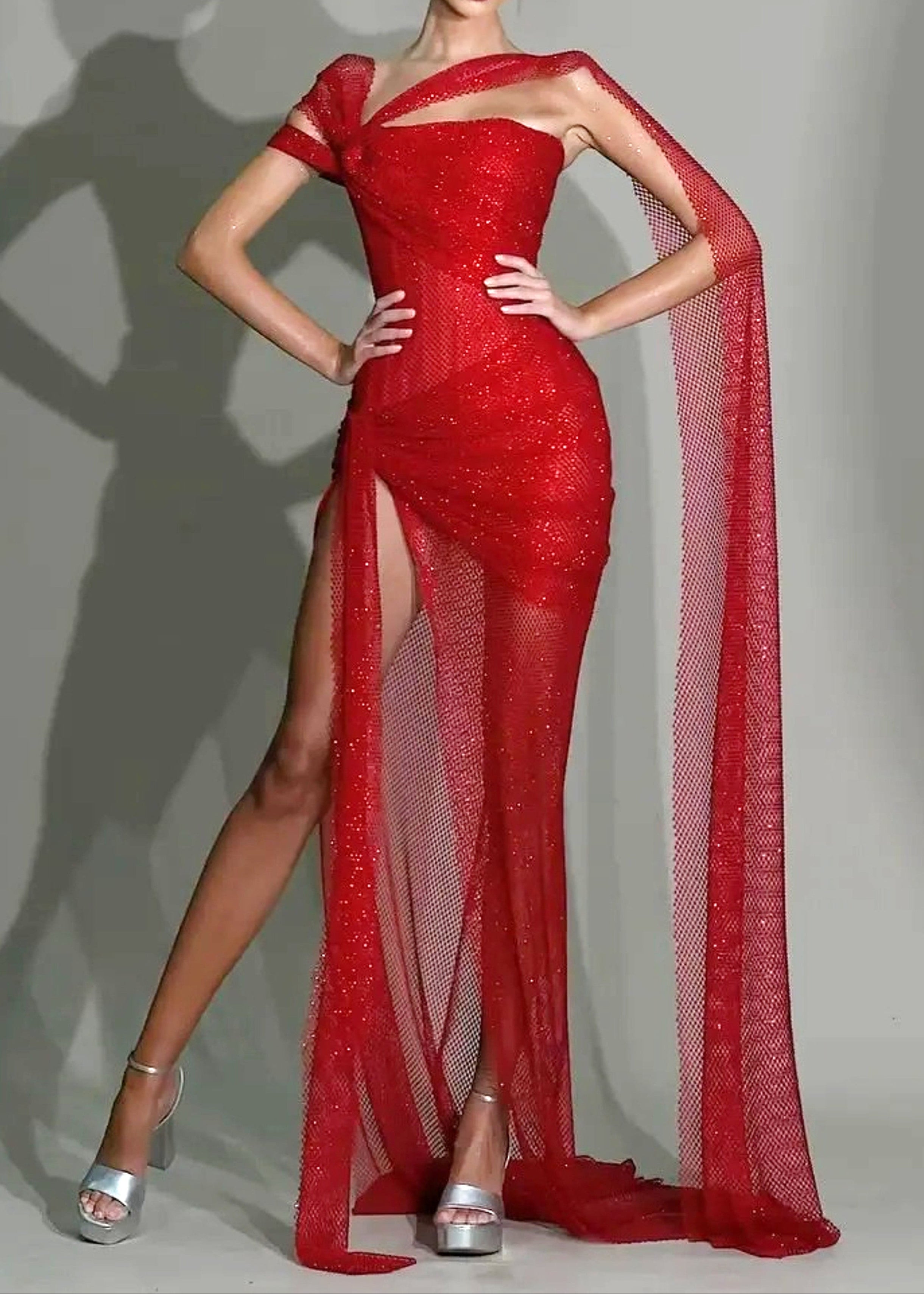 Red Sparkly One Shoulder Maxi Dress