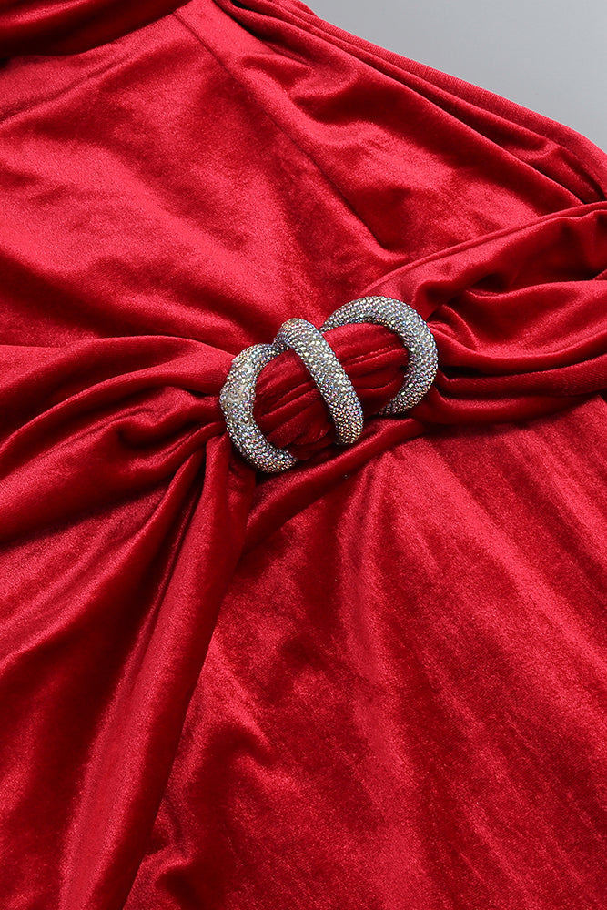 Red Velvet Maxi Dress with Asymmetrical Caplet Design
