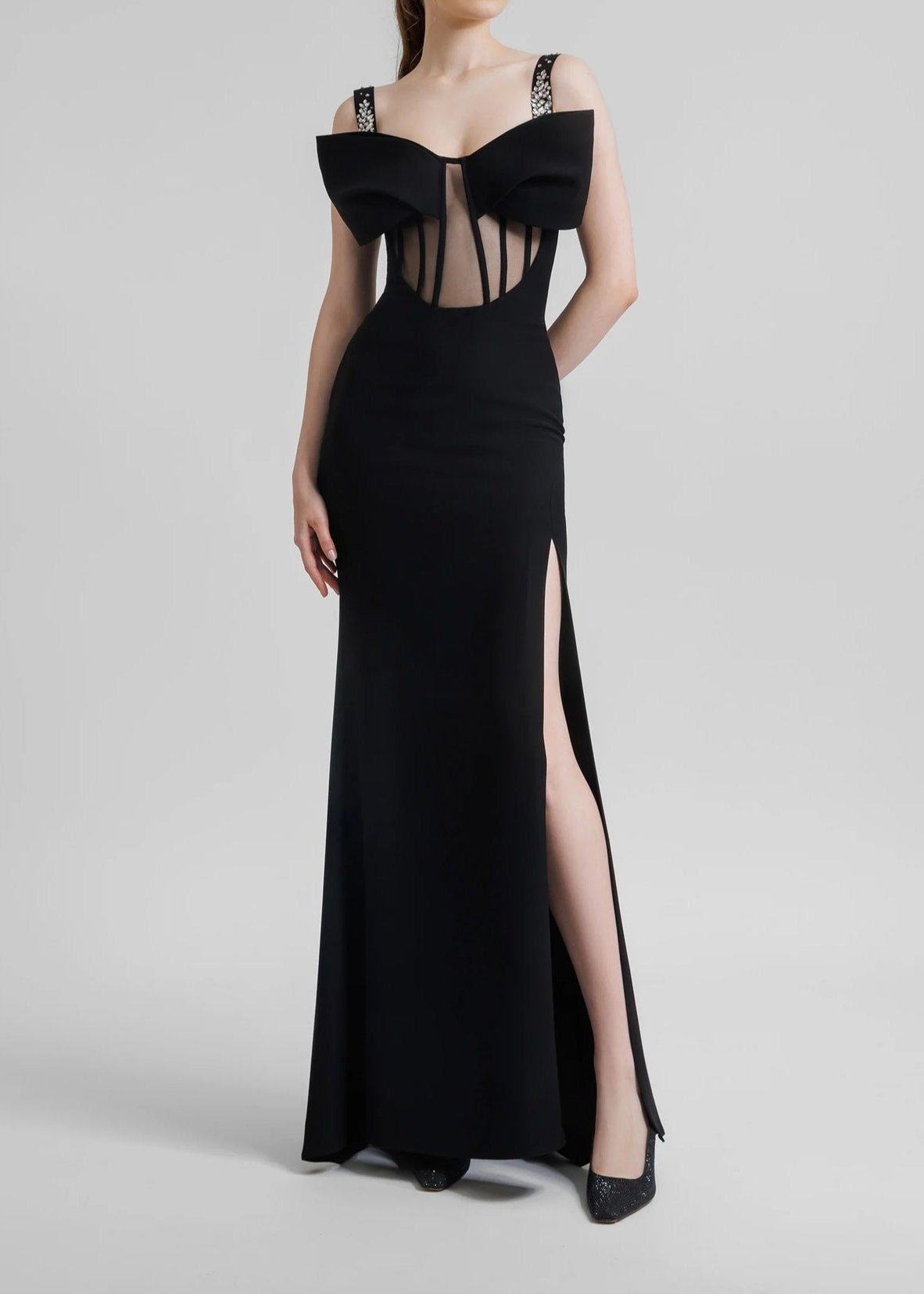 Black Mesh Full-Length Bustier Dress with Bow Detail