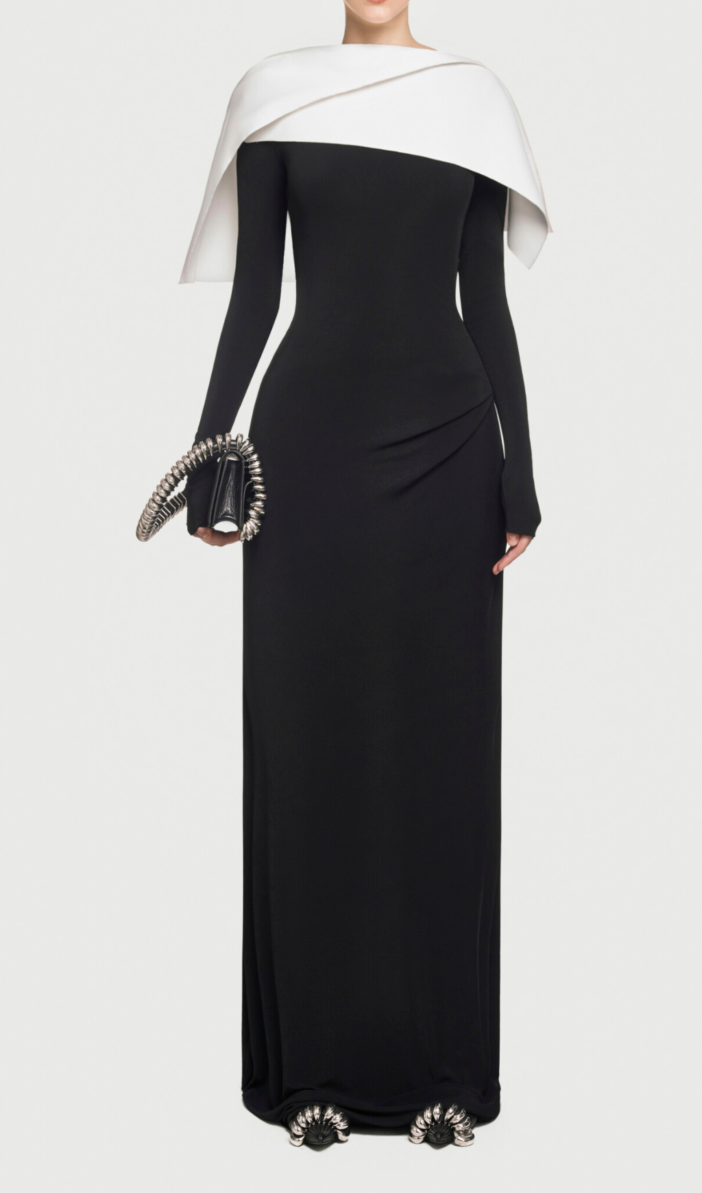 Black Asymmetric Shoulder Pleated Maxi Dress