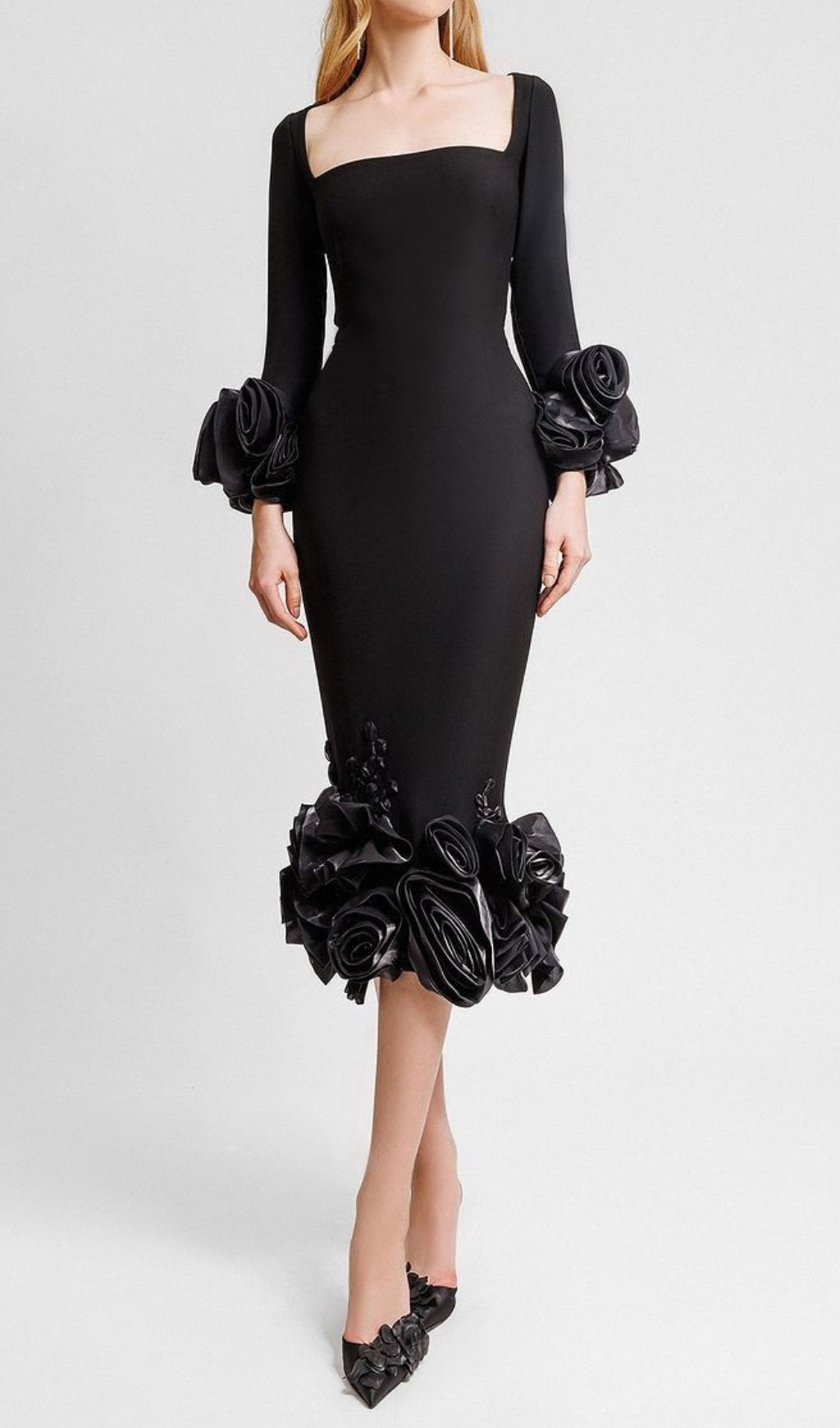 Black Floral Bandage Bodycon Midi Dress