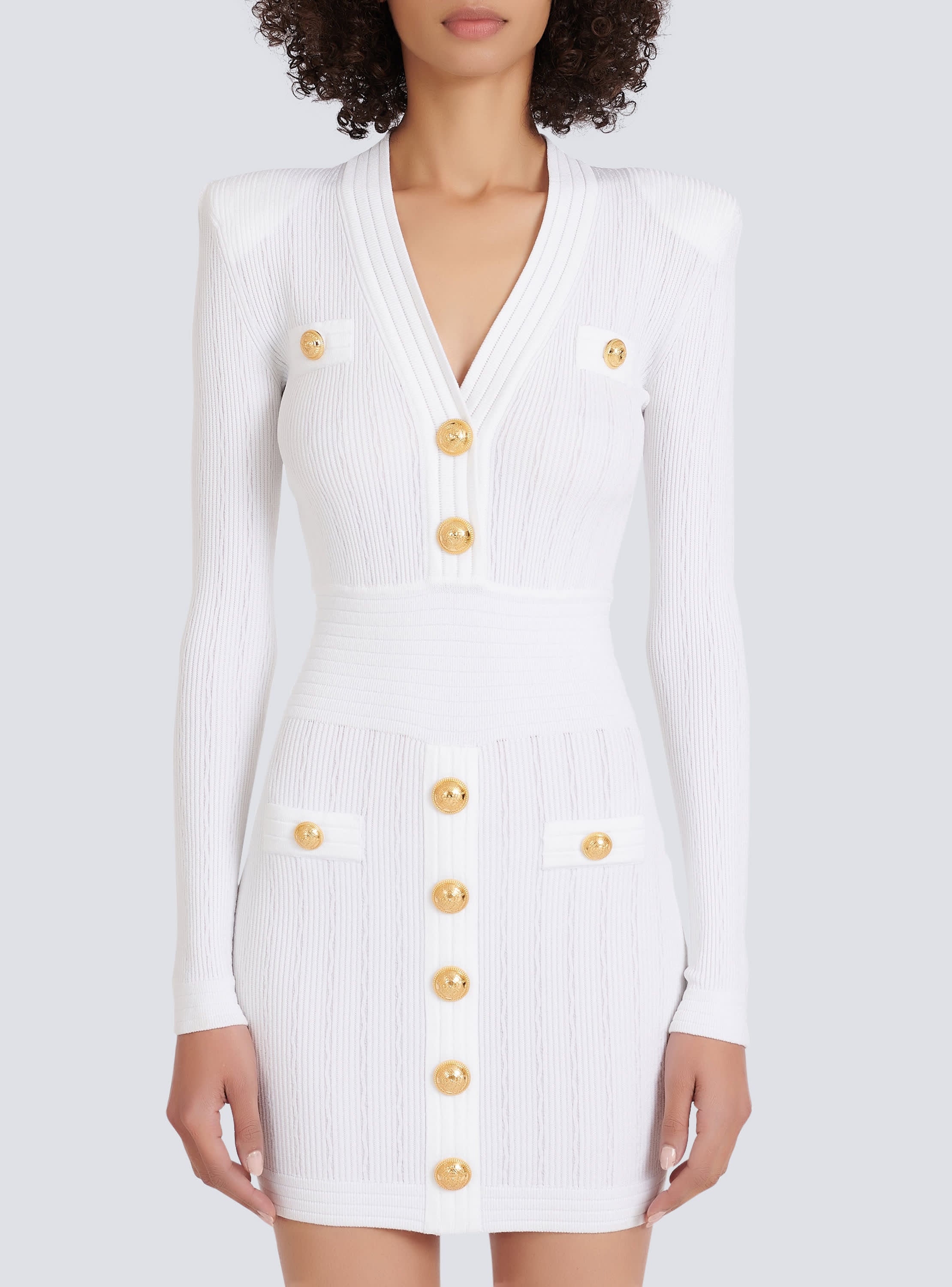 White Knitted Mini Dress with Gold Buttons