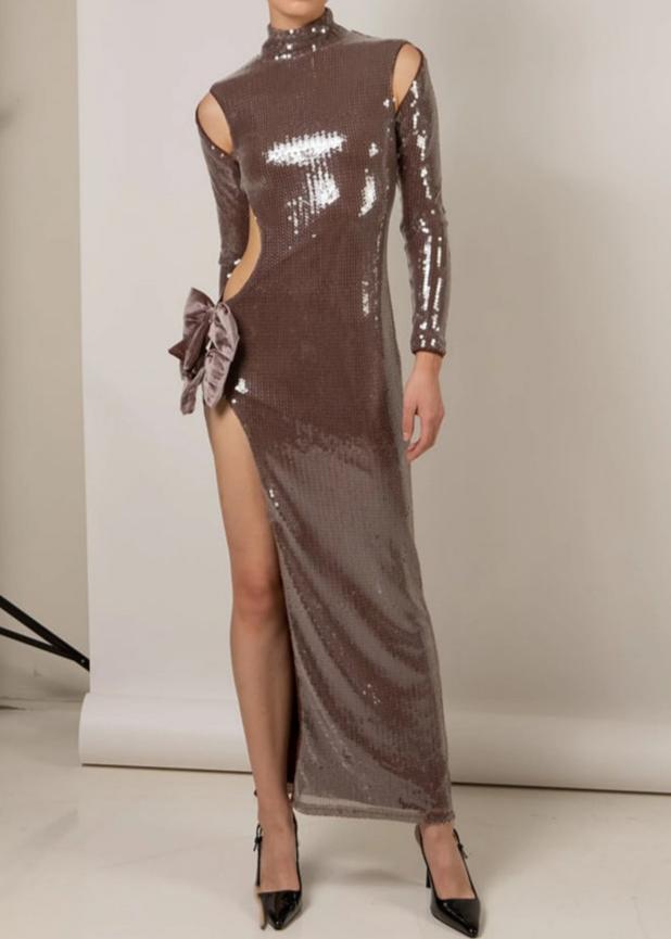 Brown Sequin Maxi Dress with Bow Detail